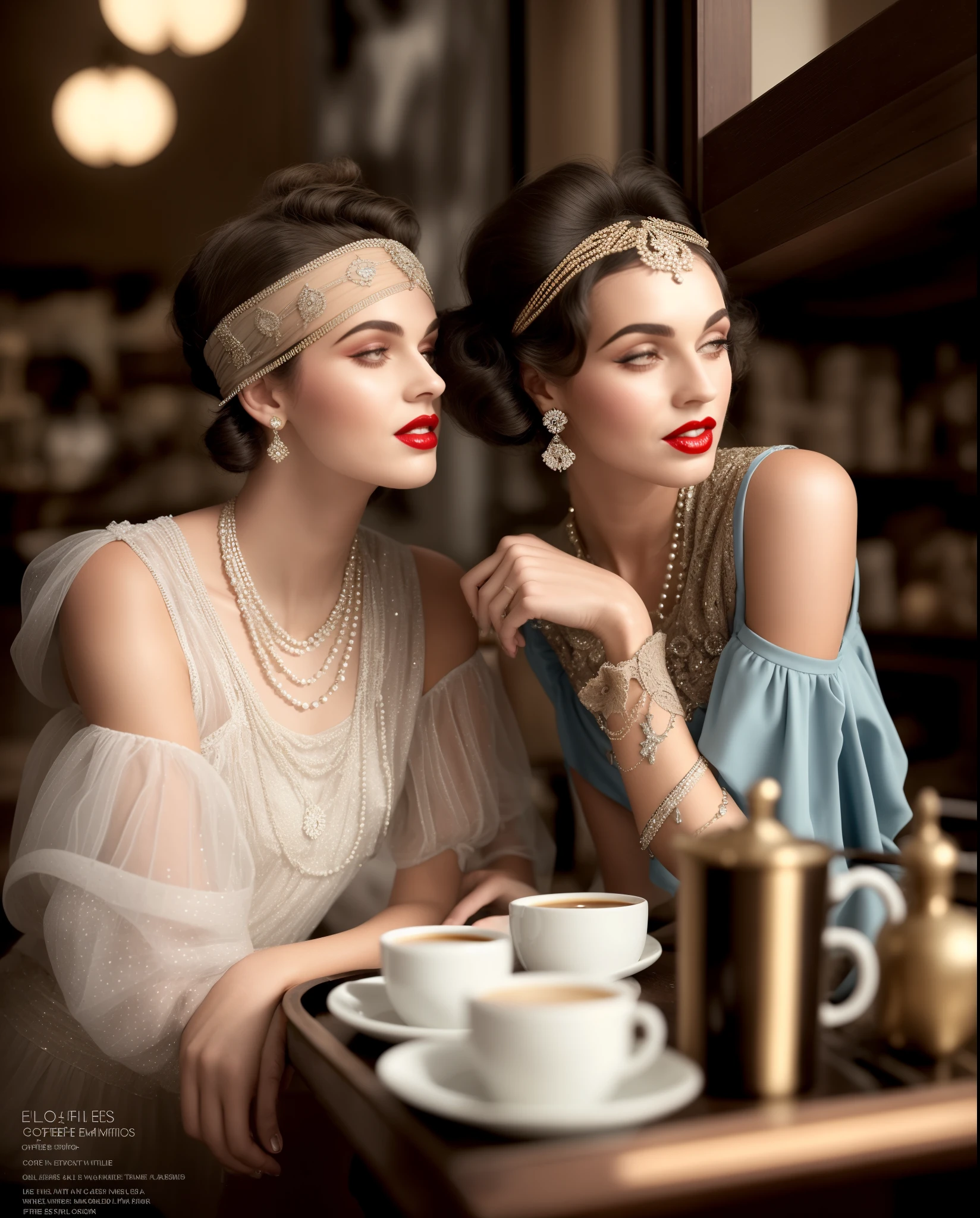 Two women in trendy dresses sitting at the table，Coffee on hand, wearing 1920s fashion, 1 9 2 0 s style, 1920s style, 1920s atmosphere, 1 9 2 0 s fabric style, 1920s fashion, Dystopian retro 1920s vibe, Roaring 20s，perfect hands，White lace high-end clothing，