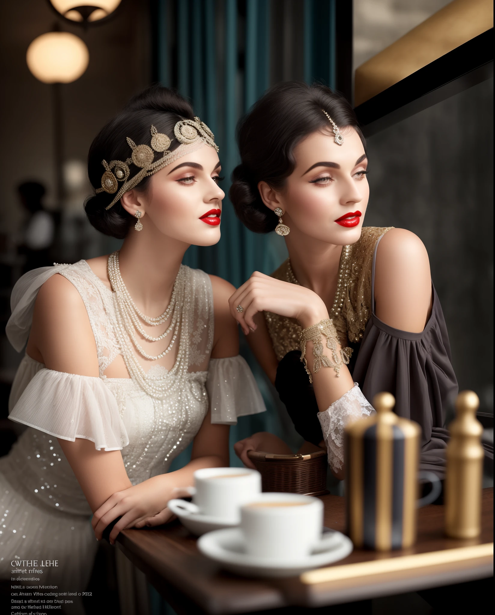 坐在桌旁的兩個穿著時髦衣服的女人，手邊的咖啡, wearing 20 年代時尚, 1 9 2 0 s 風格, 20 年代風格, 1920年代的氣氛, 1 9 2 0 s 布料風格, 20 年代時尚, 反烏托邦復古 1920 年代氛圍, 咆哮的20年代，完美的雙手，白色蕾絲高級服裝，