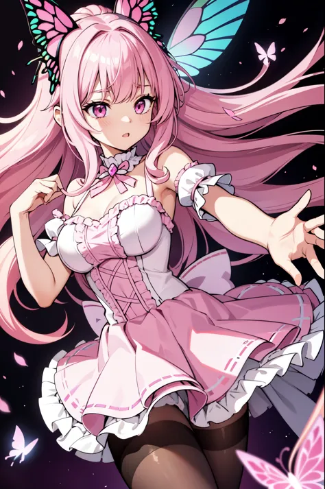 1girl, (pale pink butterfly ears:1.1), (dark magenta hair), (absurdly long hair), (wavy bangs), (pastel pink eyes), (dynamic pose), (colorful idol costume), (frilly skirt), (black lace pantyhose), (cream and pink butterfly wings:1.3), (dynamic angle), more...