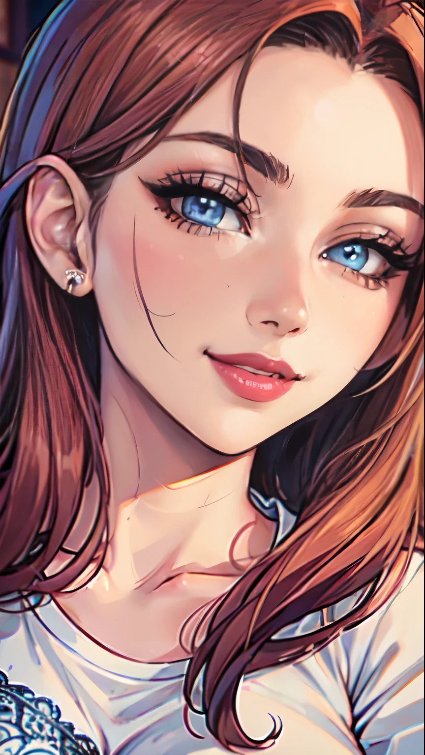 Masterpiece, raw,  beautiful art, professional artist, 8k, art style by sciamano240, very detailed face, very detailed hair, (1girl), caressing each other, perfectly drawn body, beautiful face, long hair , very detailed blue eyes , rosey cheeks, intricate details in eyes, sultry smile, looking directly at viewer , lusty expression, lipstick, very close up on face, wearing cozy tshirt, home setting, 