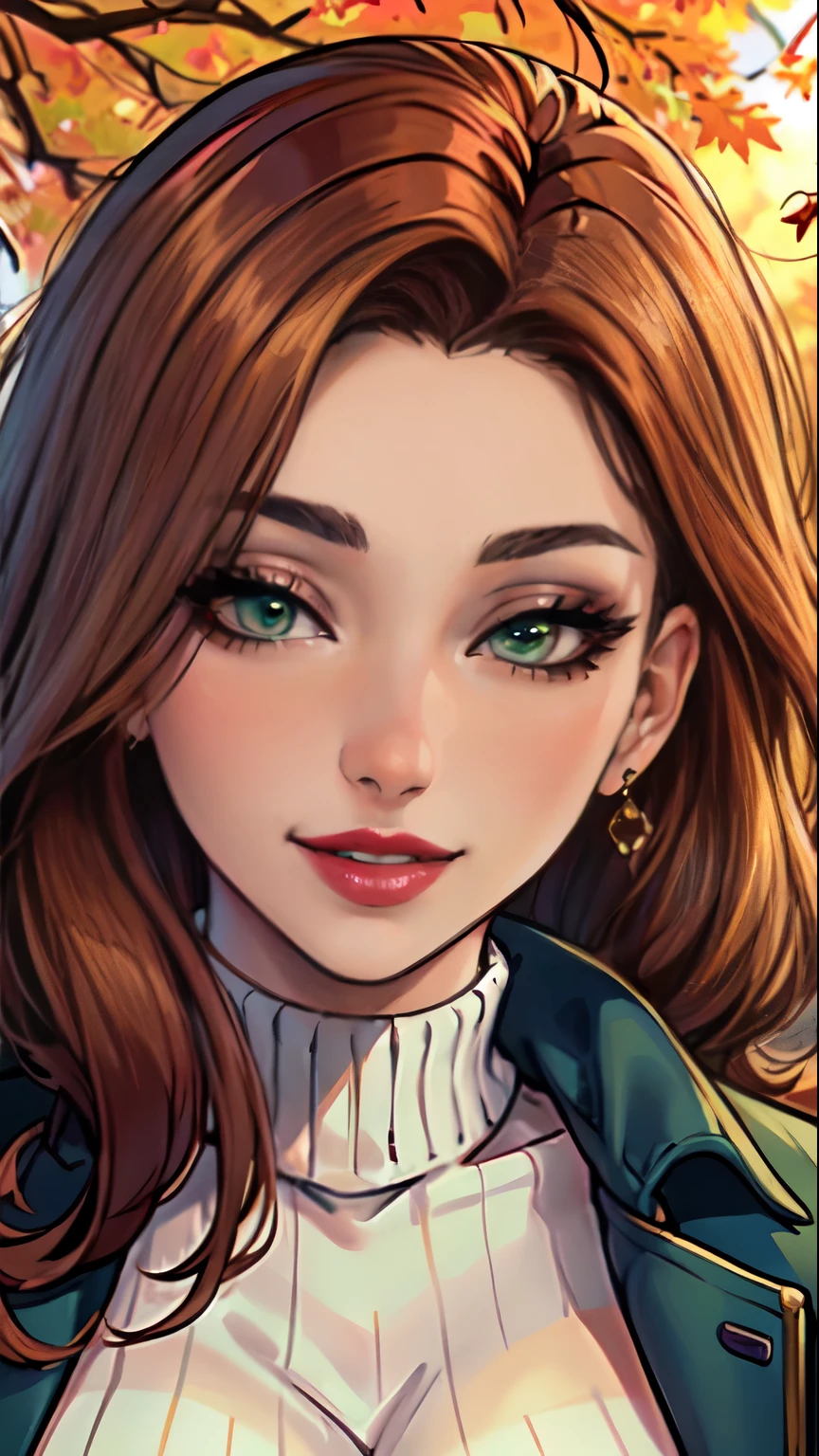 Masterpiece, raw,  beautiful art, professional artist, 8k, art style by sciamano240, very detailed face, very detailed hair, (1girl), caressing each other, perfectly drawn body, beautiful face, long brown hair , very detailed light green eyes , rosey cheeks, intricate details in eyes, sultry smile, looking directly at viewer , lusty expression, lipstick, very close up on face, wearing jacket ,sweater, sunny fall setting, 