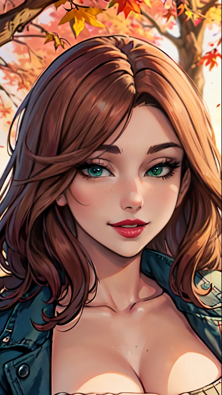 Masterpiece, raw,  beautiful art, professional artist, 8k, art style by sciamano240, very detailed face, very detailed hair, (1girl), caressing each other, perfectly drawn body, beautiful face, long brown hair , very detailed light green eyes , rosey cheeks, intricate details in eyes, sultry smile, looking directly at viewer , lusty expression, lipstick, very close up on face, wearing jacket ,sweater, sunny fall setting, 