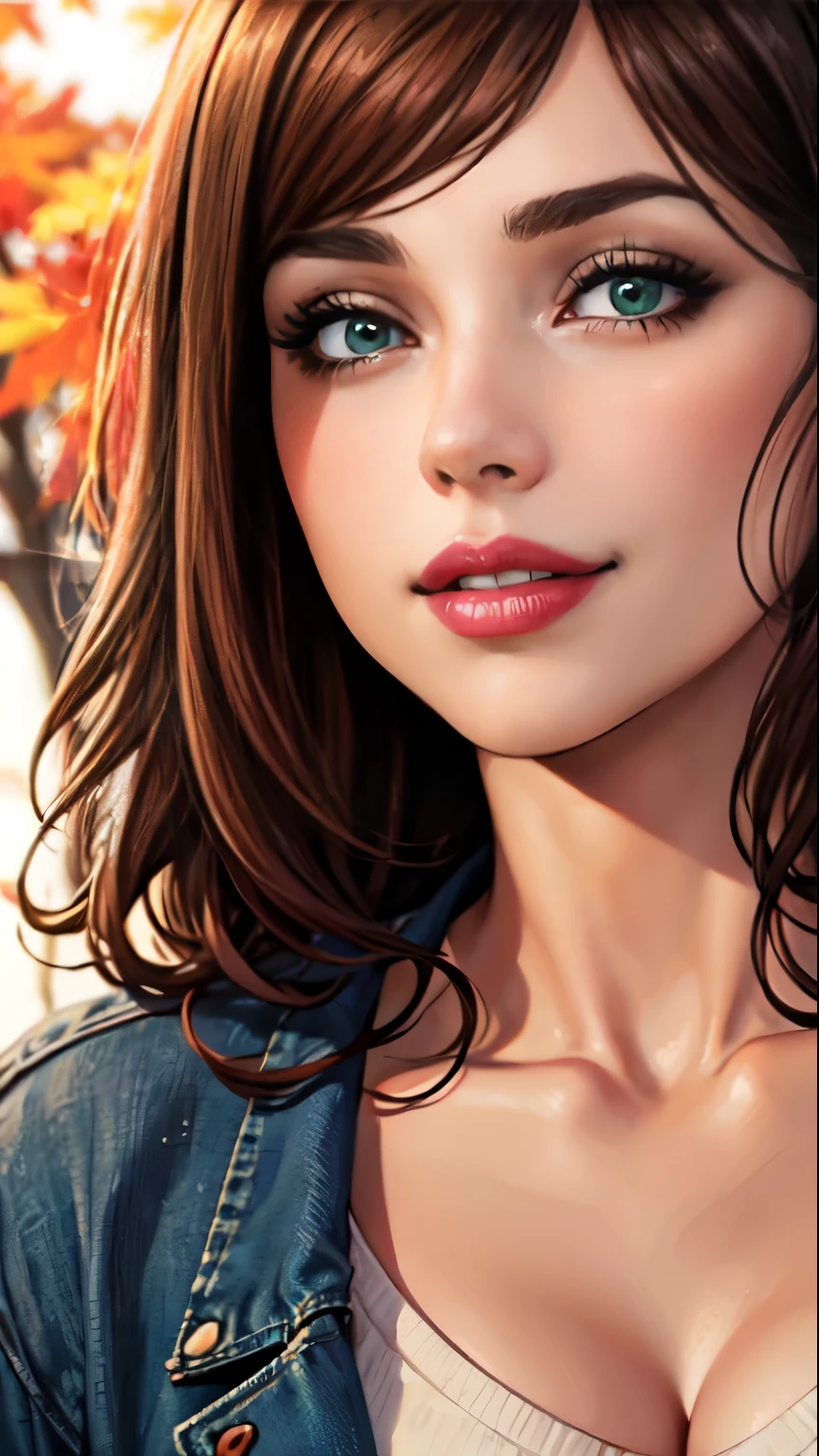 Masterpiece, raw,  beautiful art, professional artist, 8k, art style by sciamano240, very detailed face, very detailed hair, (1girl), caressing each other, perfectly drawn body, beautiful face, long brown hair , very detailed light green eyes , rosey cheeks, intricate details in eyes, sultry smile, looking directly at viewer , happy expression, lipstick, very close up on face, wearing jacket ,sweater, sunny fall setting, 