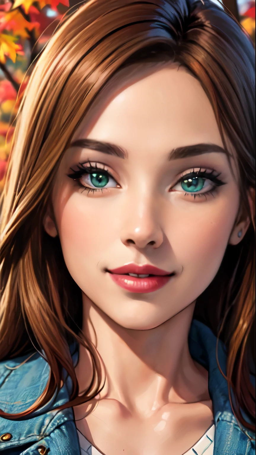 Masterpiece, raw,  beautiful art, professional artist, 8k, art style by sciamano240, very detailed face, very detailed hair, (1girl), caressing each other, perfectly drawn body, beautiful face, long brown hair , very detailed light green eyes , rosey cheeks, intricate details in eyes, sultry smile, looking directly at viewer , happy expression, lipstick, very close up on face, wearing jacket ,sweater, sunny fall setting, 
