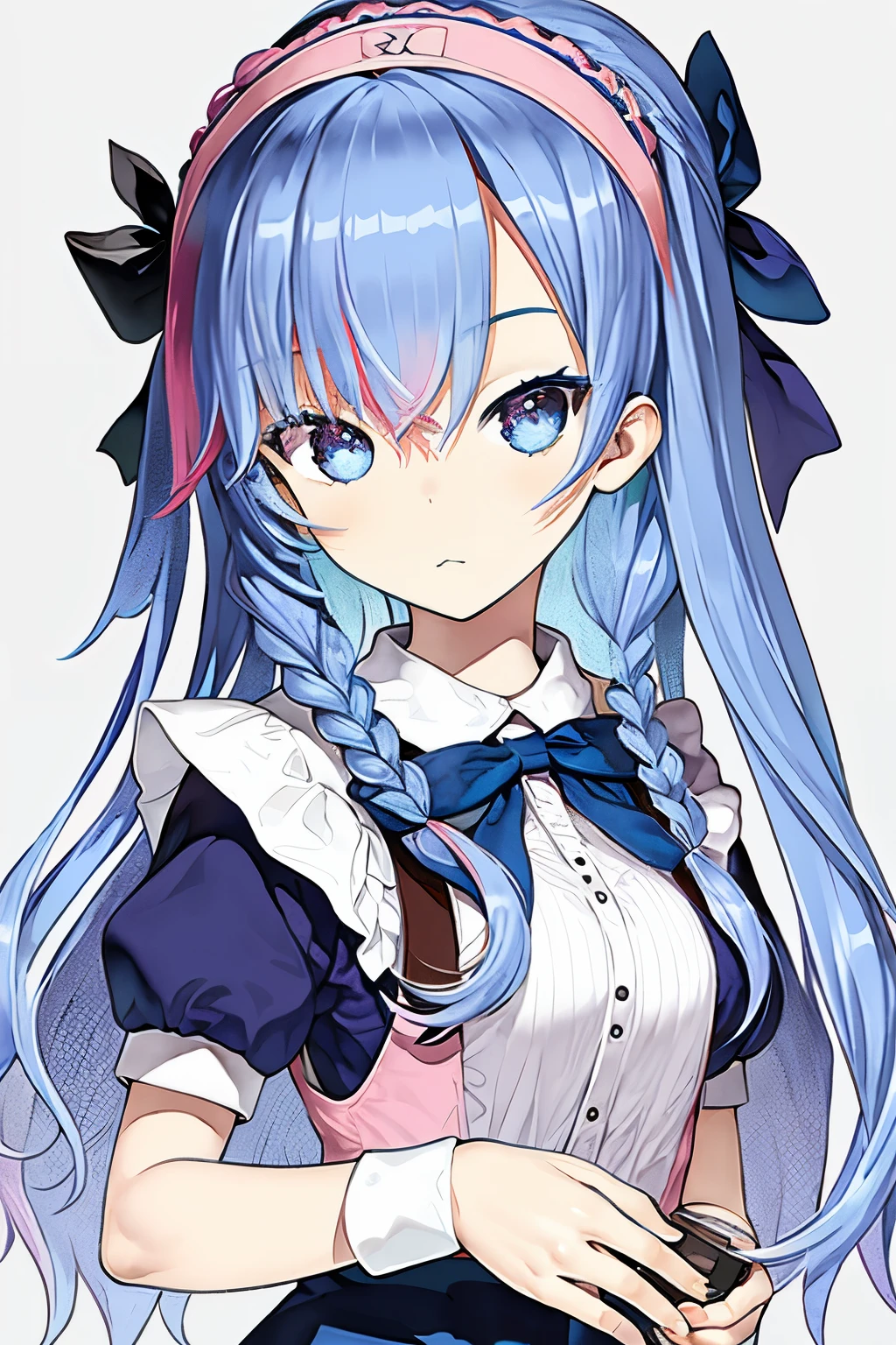 Anime girl with blue hair and a bow tie holding a cell phone - SeaArt AI