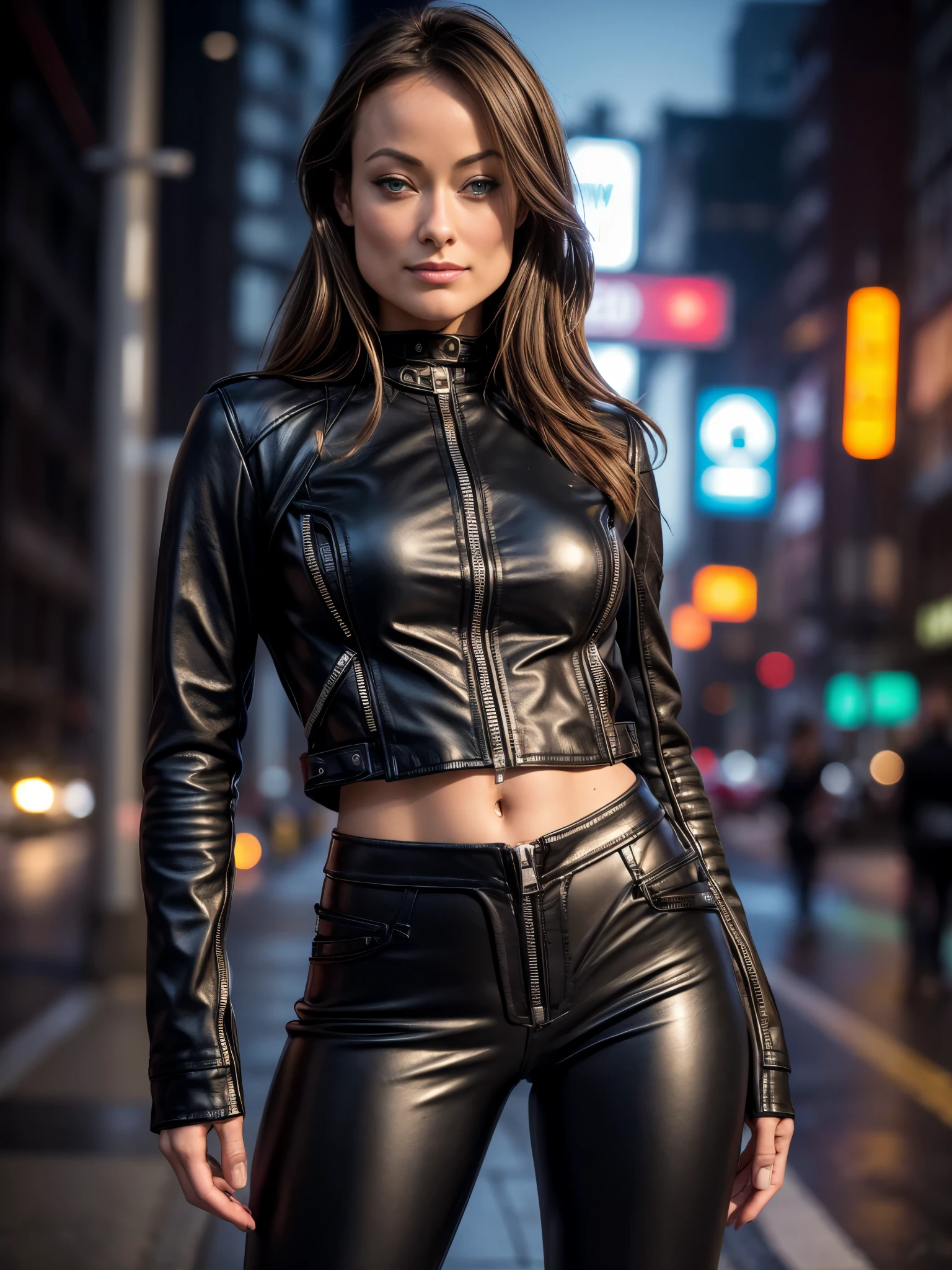 Foto hiperrealista en primer plano de Olivia Wilde, masterpiece, best quality, (photorealistic:1.4), full body, (black zippered biker jacket:1.1), (black leather pants:1.2), night street after rain, neons, cinematic light, beautiful woman, skinny, large big breasts, black long hair, detailed face, smile, facing the camera, photo taken from a distance, age of 2