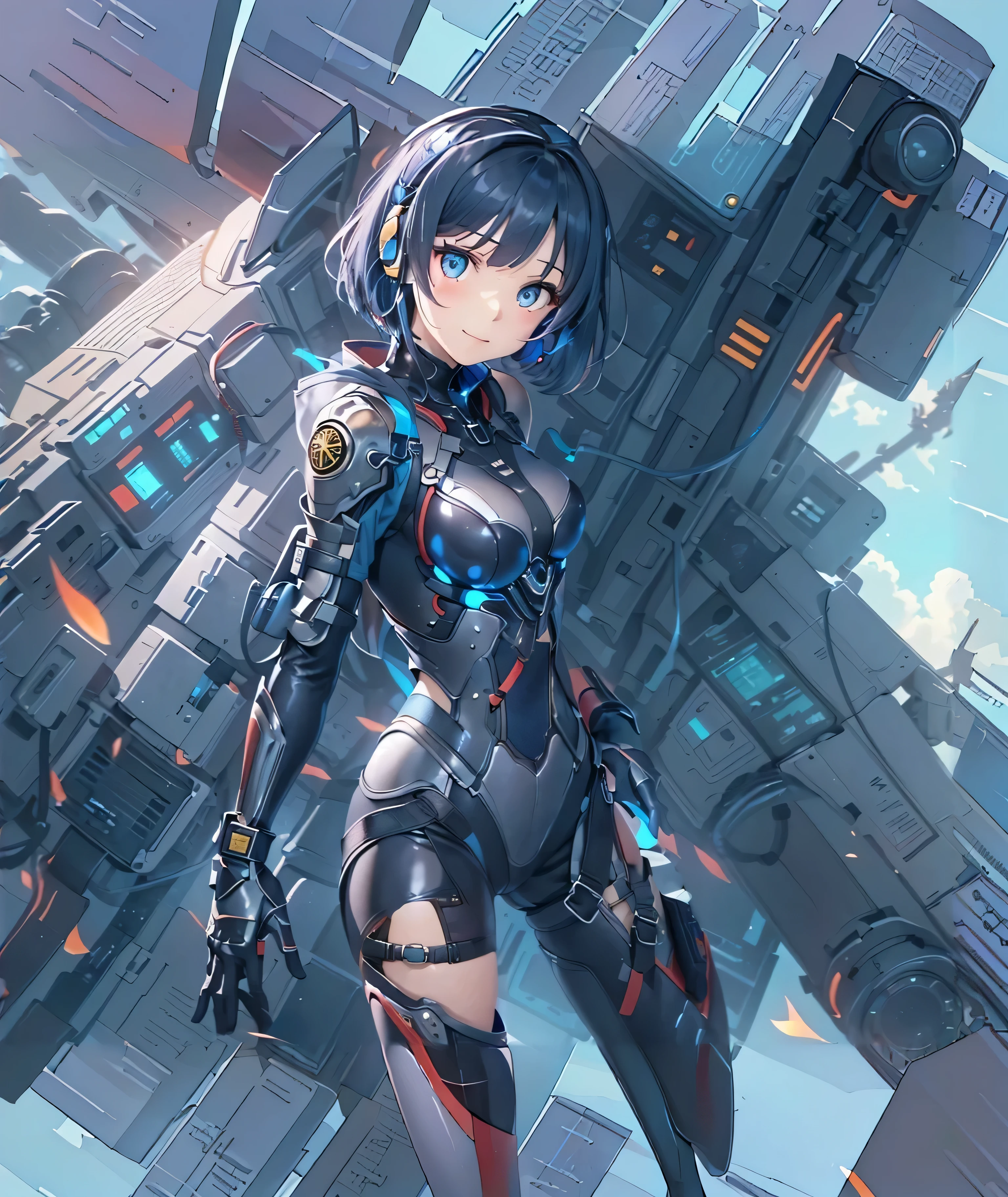 (masterpiece、highest quality、highest resolution、clear_image、detailed details、Angle from above): (one 18 year old girl、Slender、super short bob cut hair、pilot suit in blue and black colors、Knee-high boots)