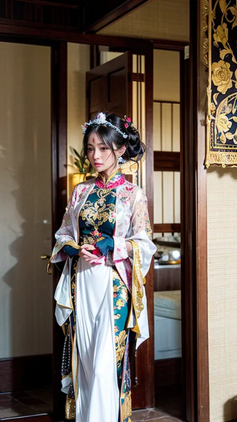 a woman standing with roses, traditional balinese clothing, wearing ornate clothing, traditional beauty, kebaya_bali, wearing in...