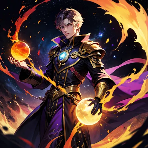 mechanical warlock, space, firey aura, guy, holding a globe of fire