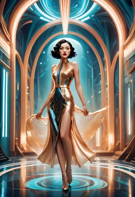 art deco design，fashion clothing，streamline moderne，abstraction，futuristic，light luxury