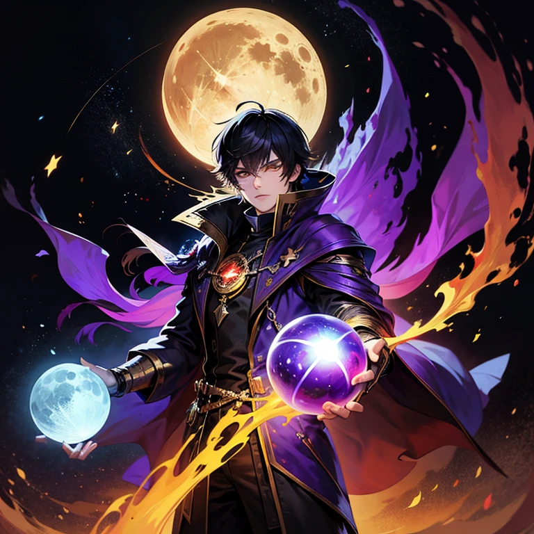 Mechanical warlock, space, firey aura, guy, holding a globe of fire, moon in the background, hd lighting