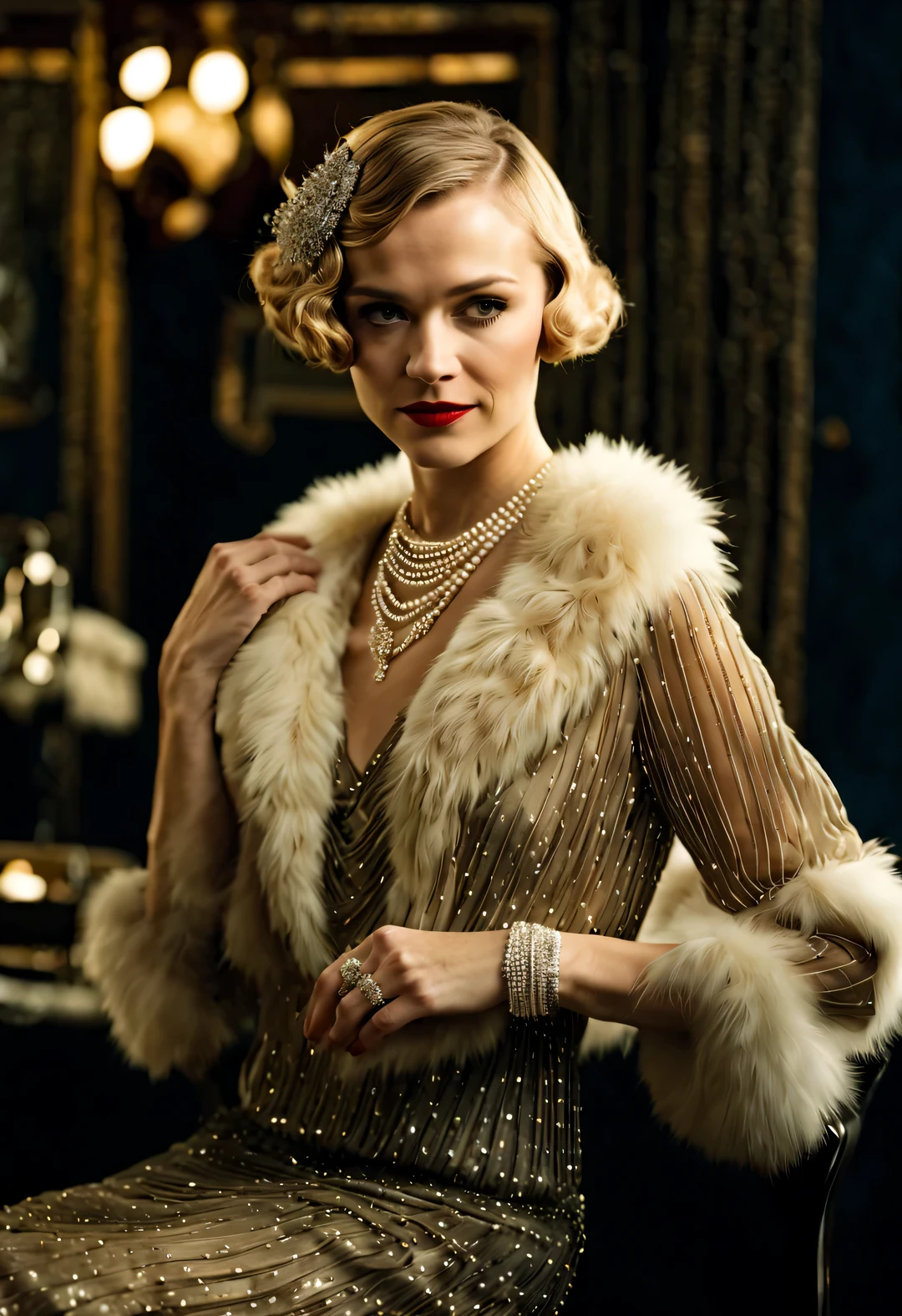 ultra high definition, masterpiece, precise, textured skin, Super details, high detail, high quality, Award-winning, best quality, high resolution, 16k，Woman wearing fashionable clothes sitting at table，Coffee on hand, The atmosphere of the 1920s, 1 9 2 0 s style, 1920s style, Roaring 20s, 1 9 2 0 s fabric style, Dressed in 1920s fashion, roaring twenties, Dystopian retro 1920s vibe, Art Deco era，（blond：1.34），Carey Mulligan（Carey Mulligan）wearing a fur coat，Wear pearl jewelry，Advanced custom lace clothing，perfect fingers，bright, White skin，super clear， &Quote;Great Gatsby&Quote; stills，Luxurious Pearl and Diamond Ring，bracelet，crown，Dressed in 1920s fashion, 1920s hairstyles, 1 9 2 0 s style, 1 9 2 0 clothes, 1 9 2 0 s fabric style,Art Deco，
