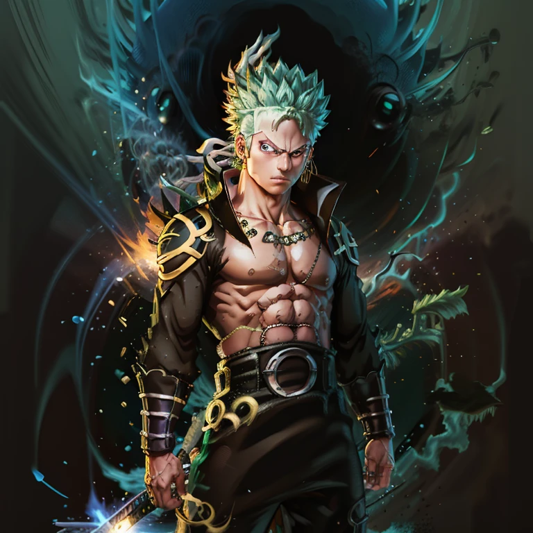 (Masterpiece, 4k, 8K, Best Quality:1.2), Zoro from One Piece, fused with Goku, wearing the Naruto Six Paths suit.

Zoro, with his iconic three-sword technique, stands tall with a determined expression. His body, now merged with Goku's, wears the majestic Naruto Six Paths suit. The golden armor covers his muscular build, and the Rinnegan glows with intense power. The fusion brings out the best of both characters - Zoro's fighting spirit and Goku's limitless energy.

A scene from a breathtaking battle, the fusion of Zoro and G