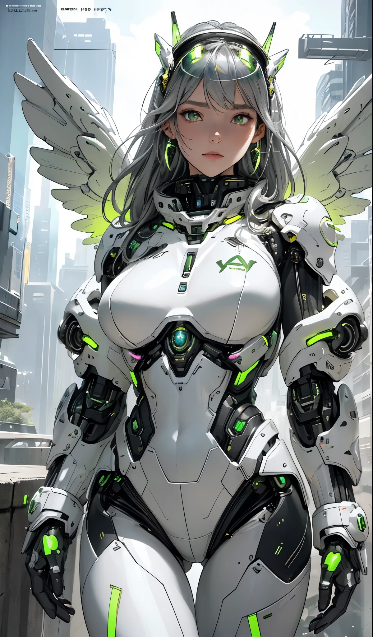 masterpiece,  (best quality), (ultra-detailed), (ultra-realistic:1.2), landscape,  sci-fi, transistorpunk,  cyberpunk, biopunk, (magazine cover:1.4), (gray, white), female huge robot, visor, earring, mechanical angel wings on the back, angel wings, space, cosmos, galaxy,  future town, dynamic pose, dynamic angle, small breasts, luxury, (gold, silver, green), neon