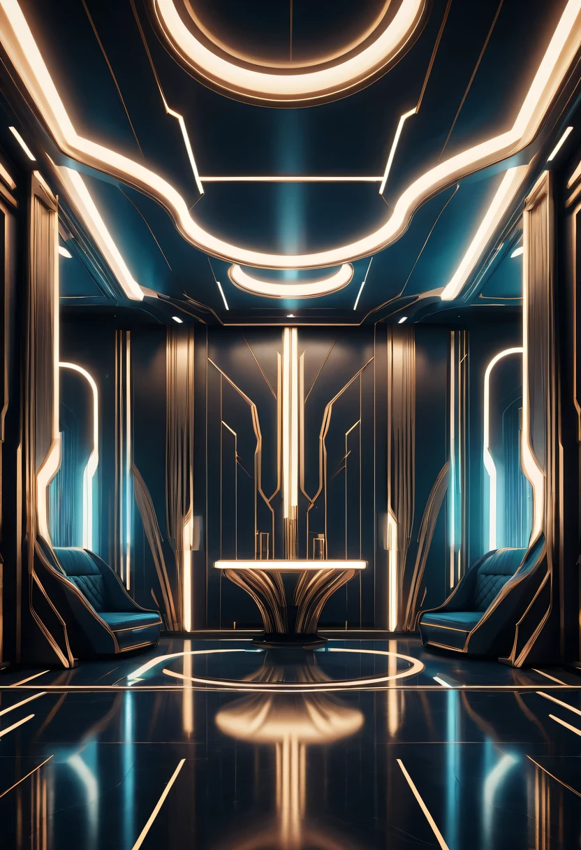 art deco design， futuristic room,Abstraction，modern style，Luxury and Luxury，Futuristic decorative elements，Metallic，number line，sci-fi lamp，Virtual Engine，rendering