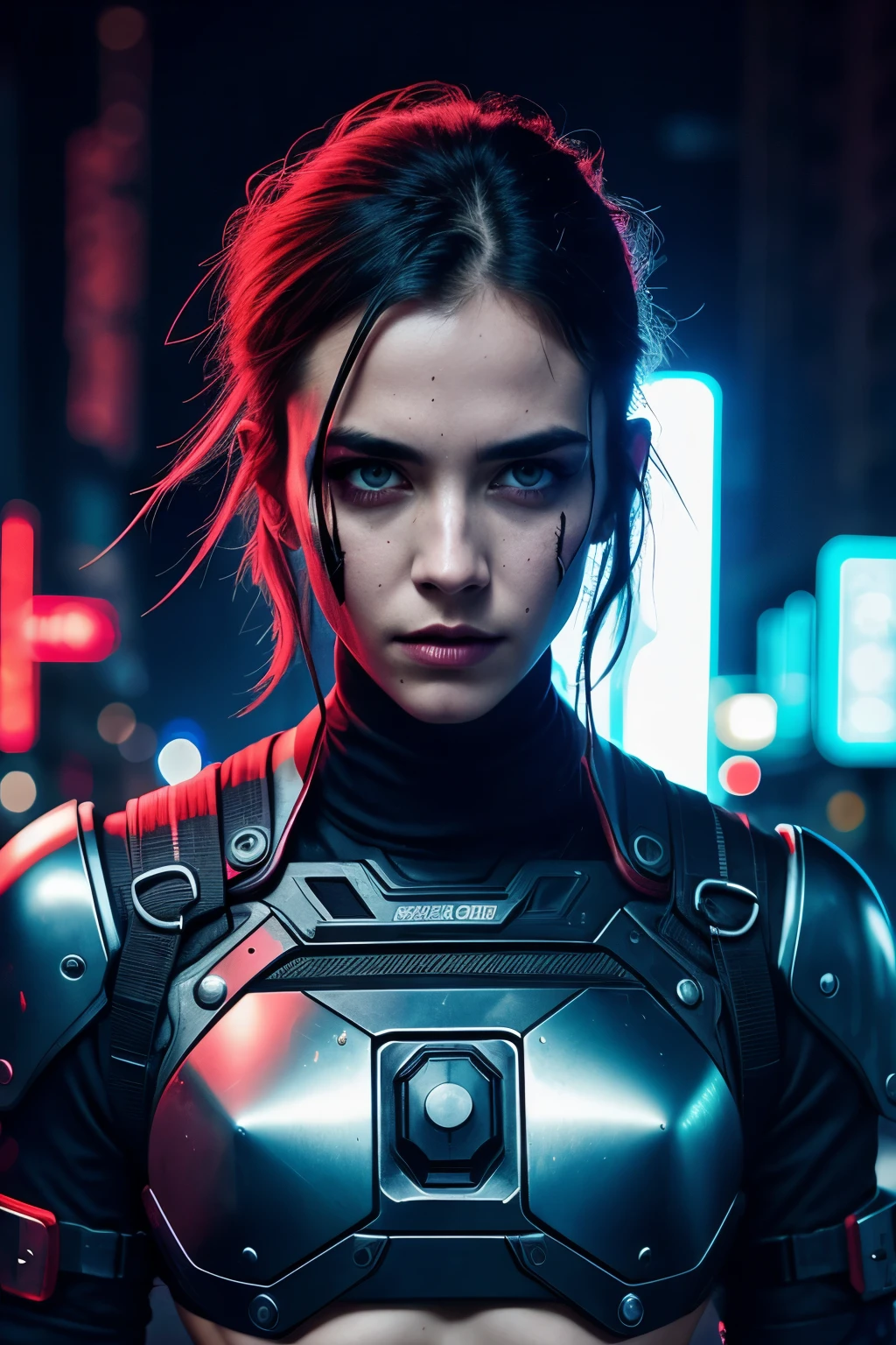 Professional photo in cyberpunk style, thigh-high photo, one man, metal skull, scar on face, metal torso, metal arms, old rusty armor, night city, neon lights, eye contact, looking at viewer, masterpiece, best quality, perfect  detail, perfect face detail, perfect eye detail, perfect skin detail, depth of field, perfect lighting