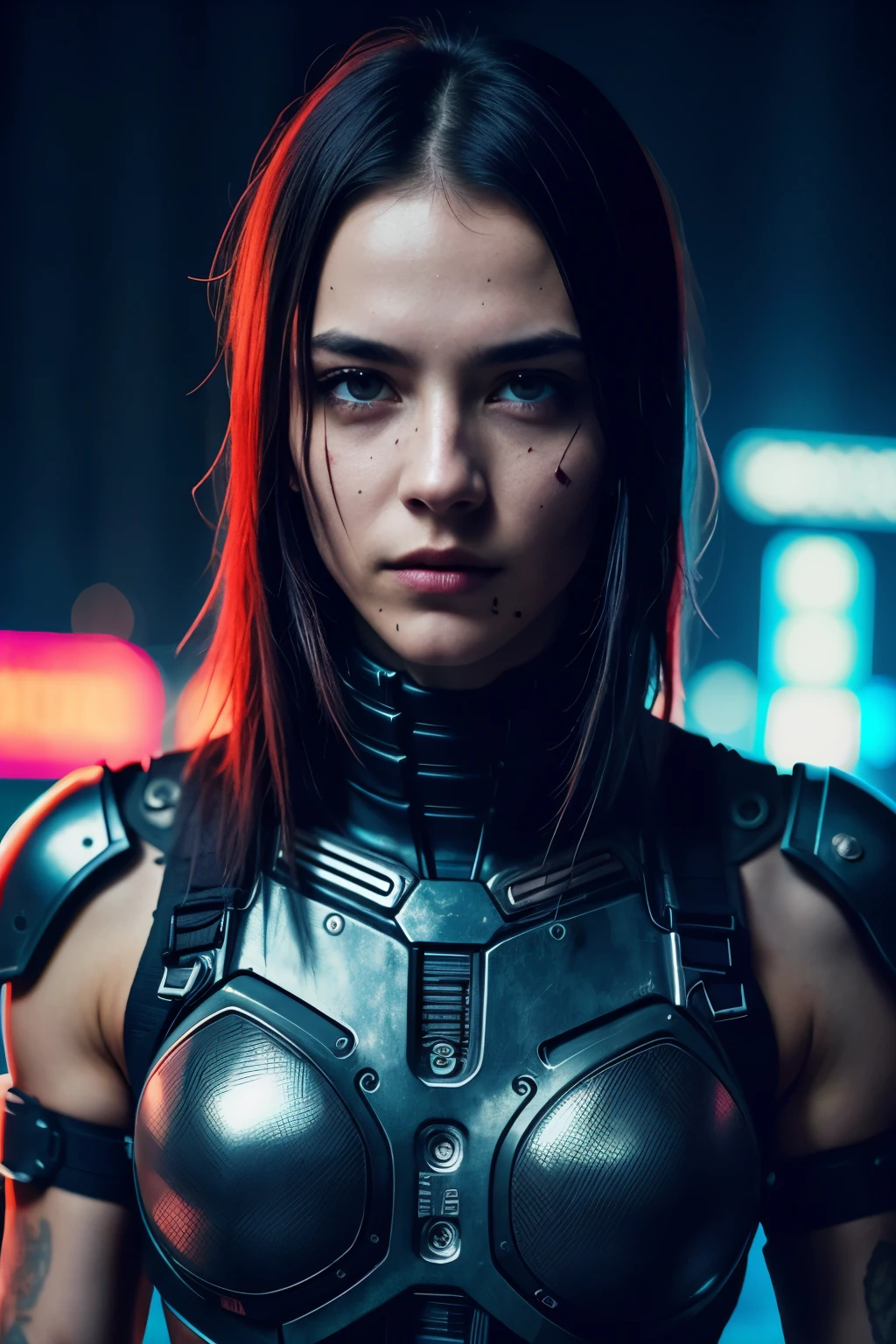Professional photo in cyberpunk style, thigh-high photo, one man, metal skull, scar on face, metal torso, metal arms, old rusty armor, night city, neon lights, eye contact, looking at viewer, masterpiece, best quality, perfect  detail, perfect face detail, perfect eye detail, perfect skin detail, depth of field, perfect lighting