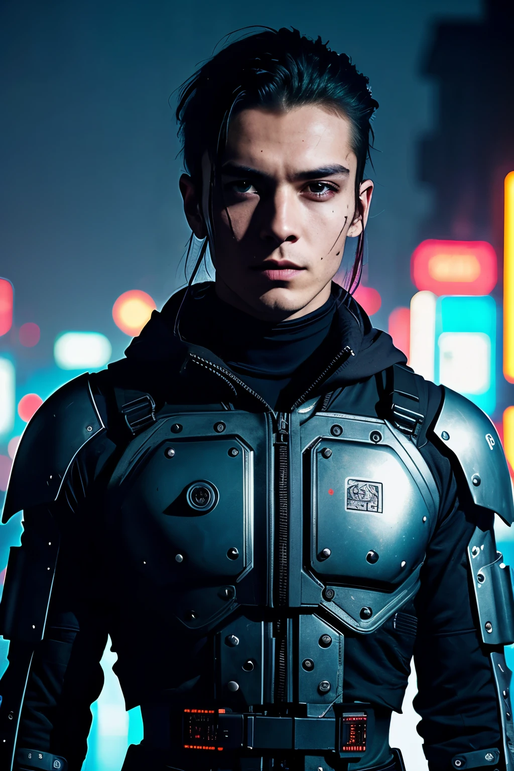 Foto profissional em estilo cyberpunk, foto na altura da coxa, um homem, caveira metálica, cicatriz no rosto, torso metálico, braços metálicos, armadura velha e enferrujada, cidade noturna, luzes de neon, contato visual, olhando para o espectador, Obra de arte, melhor qualidade, detalhe perfeito, detalhe perfeito do rosto, Detalhe perfeito dos olhos, Detalhe perfeito da pele, profundidade de campo, iluminação perfeita