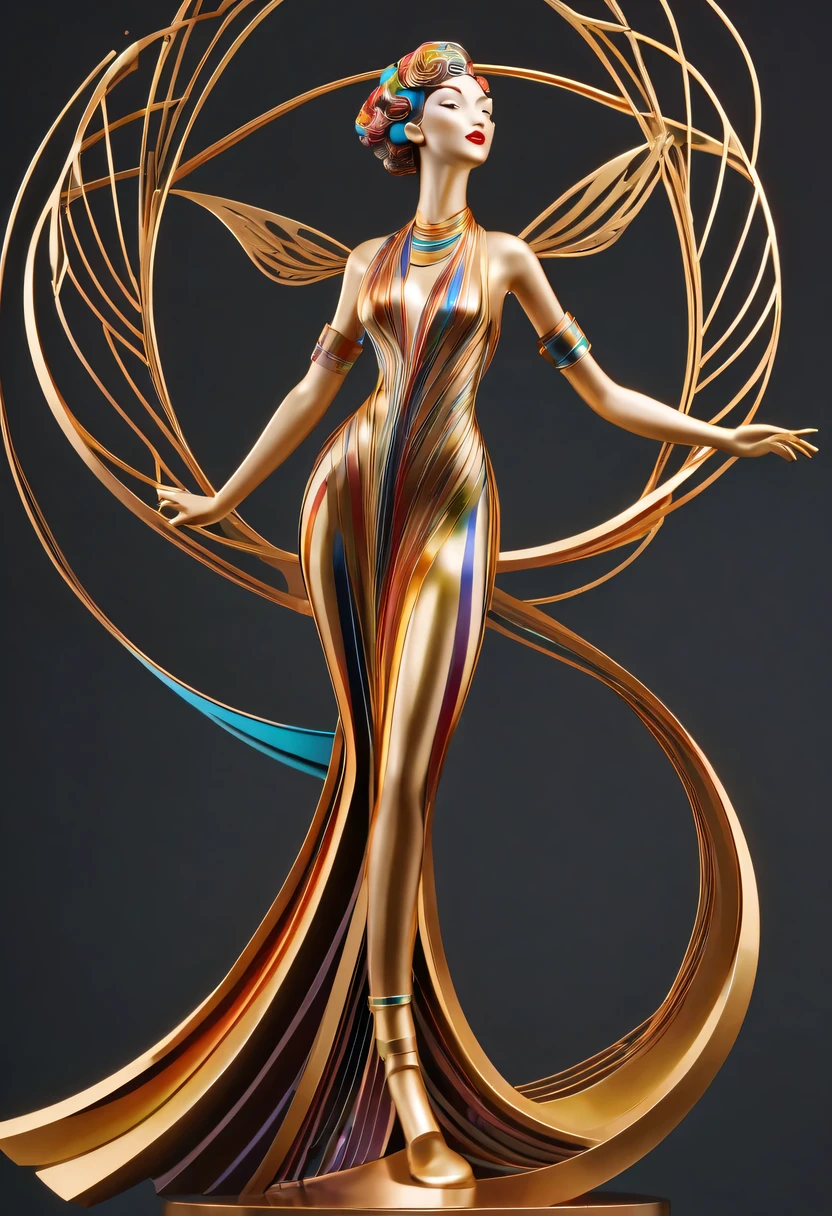 art deco design，golden beauty sculpture，streamline moderne，Rainbow metallic thread，perfect details，exquisite craftsmanship，twist，rotate，prosody，flight，Complex and gorgeous、bright colors、full of imagination、artistic。