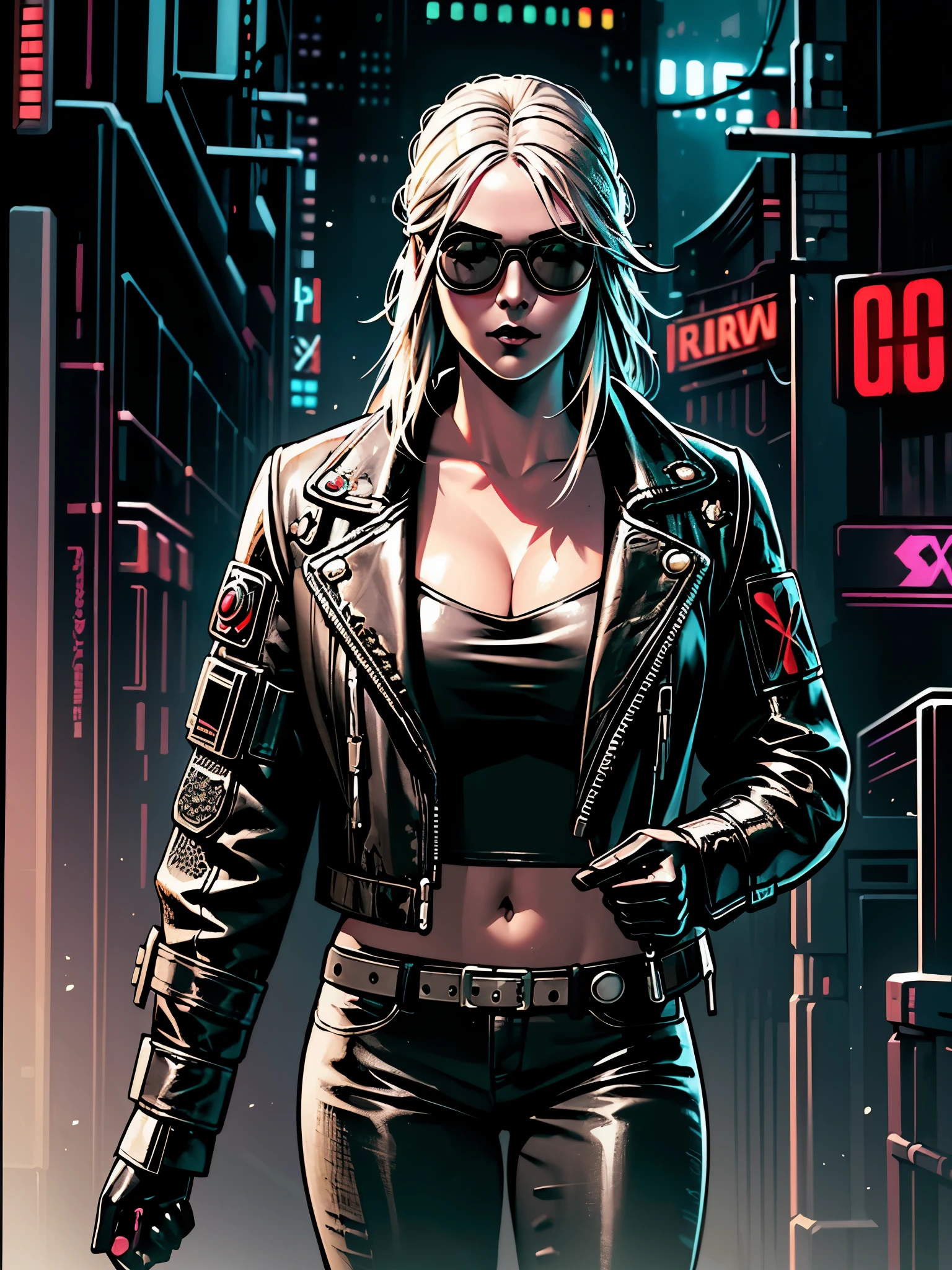 (Masterpiece, Top Quality, Best Quality,Extreamly detailed, perfect quality), ciri of the witcher, ash blond woman in leather jacket and black pants standing on city street, black makeup, defined shades, cyberpunk art inspired by senior character artist, trending on Artstation, digital art, in cyberpunk city, cyberpunk 2 0 y. o model girl, female cyberpunk anime girl, cyberpunk anime girl, cyberpunk beautiful girl, in cyberpunk style, hyper-realistic cyberpunk style, beautiful cyberpunk woman model, cyberpunk photo