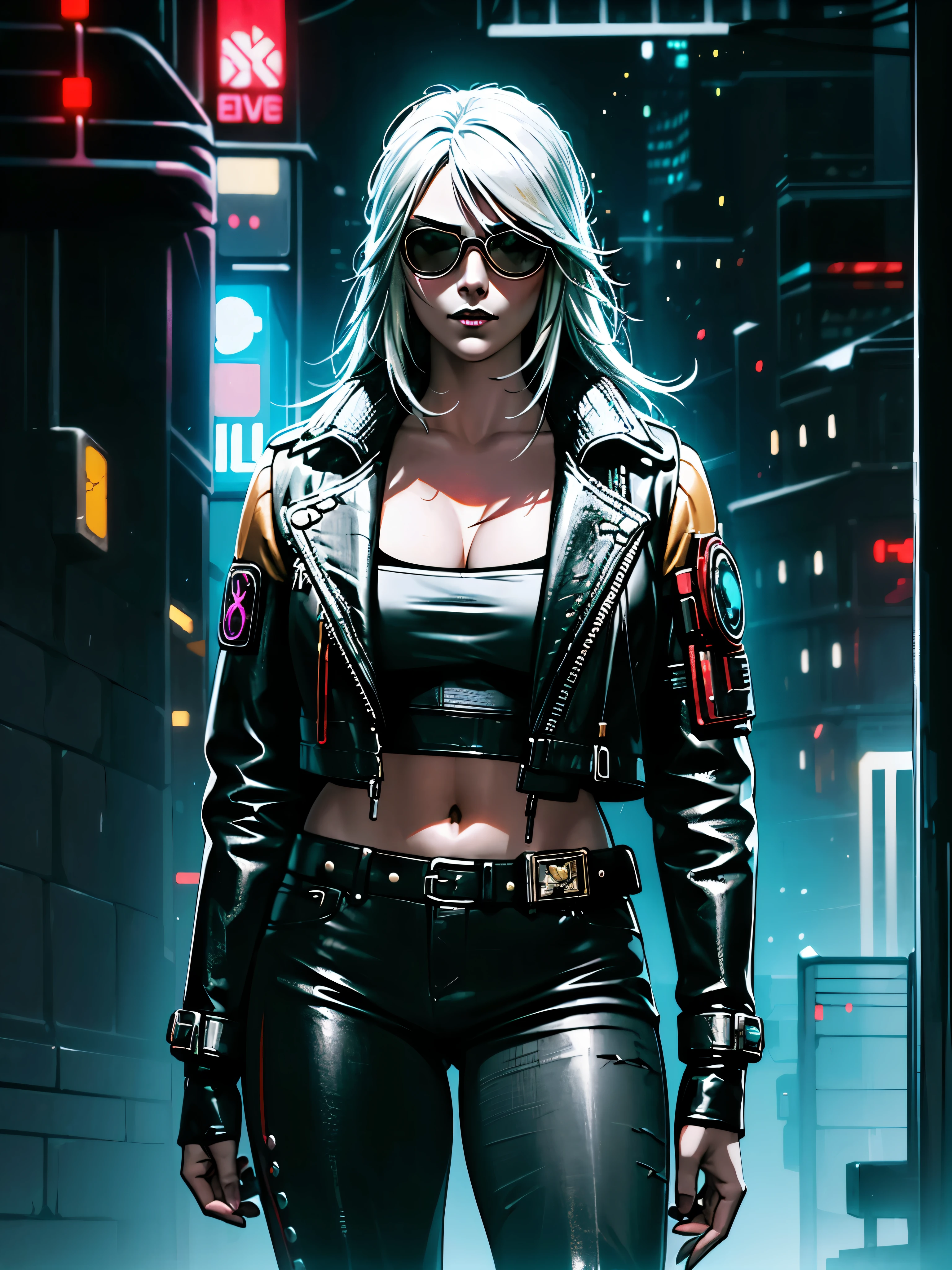 (Masterpiece, Top Quality, Best Quality,Extreamly detailed, perfect quality), ciri of the witcher, ash blond woman in leather jacket and black pants standing on city street, black makeup, defined shades, cyberpunk art inspired by senior character artist, trending on Artstation, digital art, in cyberpunk city, cyberpunk 2 0 y. o model girl, female cyberpunk anime girl, cyberpunk anime girl, cyberpunk beautiful girl, in cyberpunk style, hyper-realistic cyberpunk style, beautiful cyberpunk woman model, cyberpunk photo