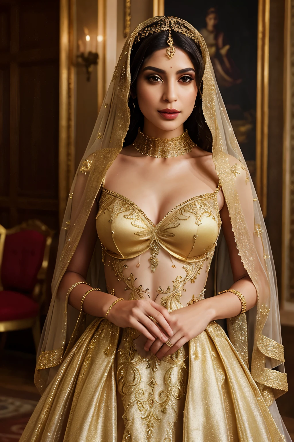 Create a dress with a gilded veil that adds an air of anticipation, featuring metallic details, fine embroidery, and delicate drapery that suggests the mystery and excitement in Hatim's adventures.