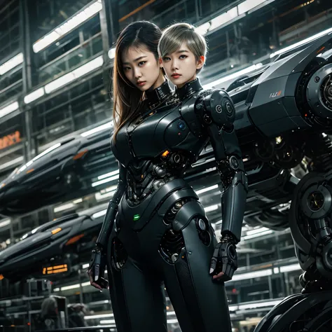 best resolution, 2heads, asian cyborg woman with two heads, pixie cut, ponytail, blonde hair, futuristic jacket, mechanical background, full body