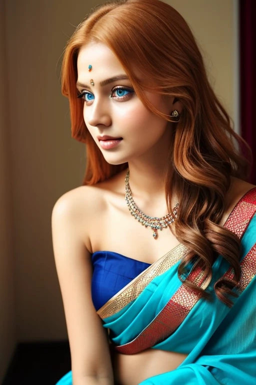 1girl in, age 24, Solo, Long hair, Looking at Viewer, red blondehair, Bare shoulders, blue eyes, jewely,  a necklace, saree
