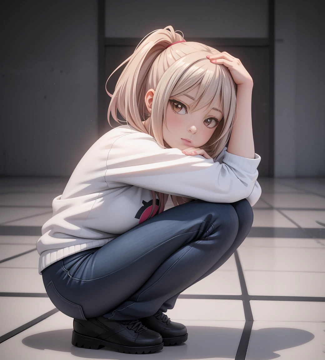 anime - style image of a woman sitting on the floor with her hands on her head, the anime girl is crouching, realistic anime 3 d style, beautiful anime girl squatting, 3 d anime realistic, anime styled 3d, smooth anime cg art, photorealistic anime girl render, casual pose, ilya kuvshinov. 4 k, photorealistic anime