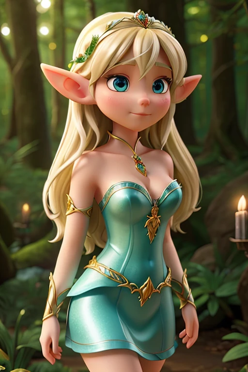 The image depicts an elf in a deep forest, exuding an ethereal and noble aura. The elf has light gold hair and blue eyes, and her creamy white skin further accentuates her delicate beauty. She is adorned with a silver diadem placed upon her forehead and is wearing a silver breastplate with sparkling gem embellishments. Although the forest background with many trees is present, the focus is on the enchanting elf herself.