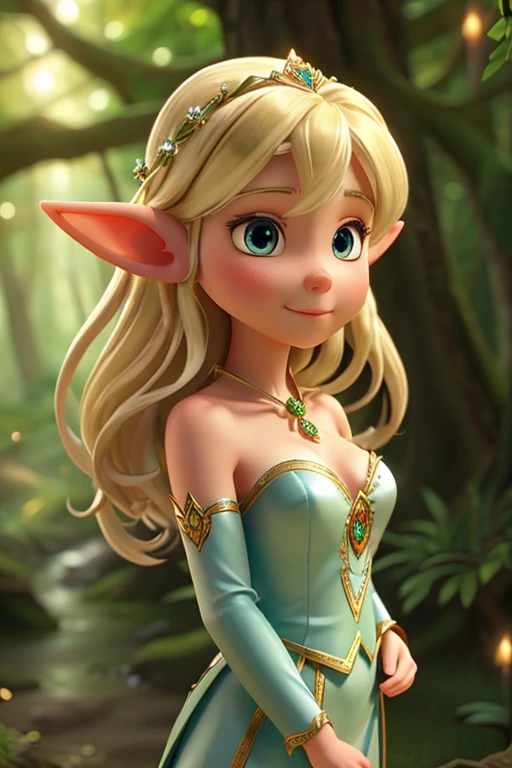 The image depicts an elf in a deep forest, exuding an ethereal and noble aura. The elf has light gold hair and blue eyes, and her creamy white skin further accentuates her delicate beauty. She is adorned with a silver diadem placed upon her forehead and is wearing a silver breastplate with sparkling gem embellishments. Although the forest background with many trees is present, the focus is on the enchanting elf herself.