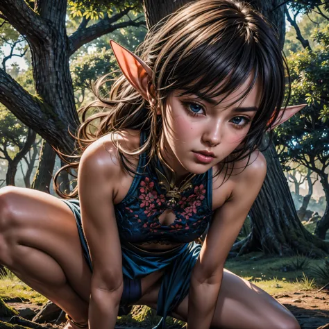 (Masterpiece, extremely detailed CG, sharp line),deedlit, offcial art, Colorful, Beautiful Japanese anime style，Extremely detailed eyes and face，Sharp pupils，realistic pupil，In the woods、cabellos largos dorados，ears of elf，Black lace panties，Slender thighs...