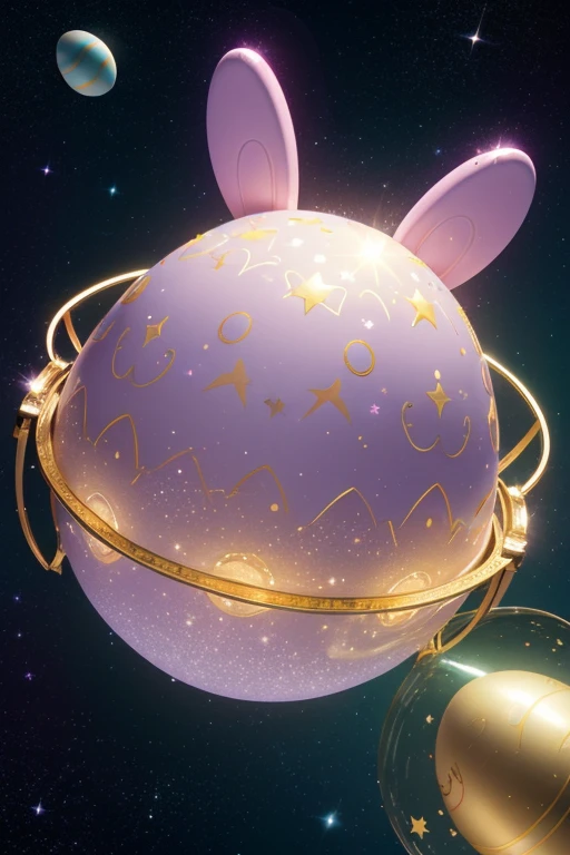 (best quality,4k,highres,masterpiece:1.2),ultra-detailed,realistic,photorealistic:1.37,Easter in space,multicolored vibrant eggs floating in zero gravity,extraterrestrial creatures with festive expressions,playfully twirling among the eggs,cheerful aliens wearing bunny ears and carrying baskets,dazzling starry backdrop with pastel hues,soft gentle lighting highlighting the eggs' intricate patterns and the aliens' sly smiles,celestial glow illuminating the scene,pastel-colored spacesuits adorned with Easter-themed decorations,one alien delicately holding a paintbrush,decorating an egg with cosmic brushstrokes,another alien with bunny slippers,twinkling stars reflecting off their shiny ethereal skin,the spaceship decorated with festive lights and Easter bunny motifs,galaxy-inspired chocolate eggs floating nearby,cracking open to reveal bursts of colorful stardust,glimmering trails of stardust creating a magical atmosphere,sparks of cosmic energy swirling around the aliens,creating an atmosphere of joyful celebration and discovery.