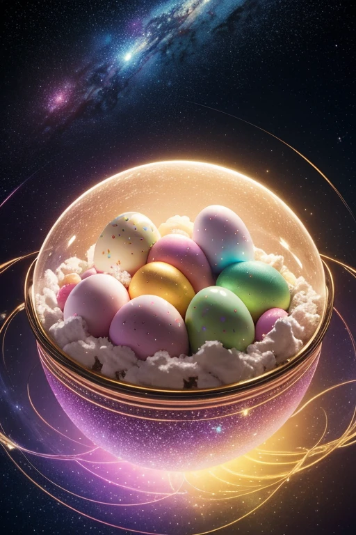 (best quality,4k,highres,masterpiece:1.2),ultra-detailed,realistic,photorealistic:1.37,Easter in space,multicolored vibrant eggs floating in zero gravity,extraterrestrial creatures with festive expressions,playfully twirling among the eggs,cheerful aliens wearing bunny ears and carrying baskets,dazzling starry backdrop with pastel hues,soft gentle lighting highlighting the eggs' intricate patterns and the aliens' sly smiles,celestial glow illuminating the scene,pastel-colored spacesuits adorned with Easter-themed decorations,one alien delicately holding a paintbrush,decorating an egg with cosmic brushstrokes,another alien with bunny slippers,twinkling stars reflecting off their shiny ethereal skin,the spaceship decorated with festive lights and Easter bunny motifs,galaxy-inspired chocolate eggs floating nearby,cracking open to reveal bursts of colorful stardust,glimmering trails of stardust creating a magical atmosphere,sparks of cosmic energy swirling around the aliens,creating an atmosphere of joyful celebration and discovery.