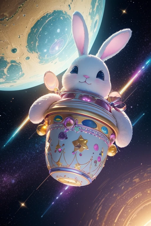 (best quality,4k,highres,masterpiece:1.2),ultra-detailed,realistic,photorealistic:1.37,Easter in space,multicolored vibrant eggs floating in zero gravity,extraterrestrial creatures with festive expressions,playfully twirling among the eggs,cheerful aliens wearing bunny ears and carrying baskets,dazzling starry backdrop with pastel hues,soft gentle lighting highlighting the eggs' intricate patterns and the aliens' sly smiles,celestial glow illuminating the scene,pastel-colored spacesuits adorned with Easter-themed decorations,one alien delicately holding a paintbrush,decorating an egg with cosmic brushstrokes,another alien with bunny slippers,twinkling stars reflecting off their shiny ethereal skin,the spaceship decorated with festive lights and Easter bunny motifs,galaxy-inspired chocolate eggs floating nearby,cracking open to reveal bursts of colorful stardust,glimmering trails of stardust creating a magical atmosphere,sparks of cosmic energy swirling around the aliens,creating an atmosphere of joyful celebration and discovery.