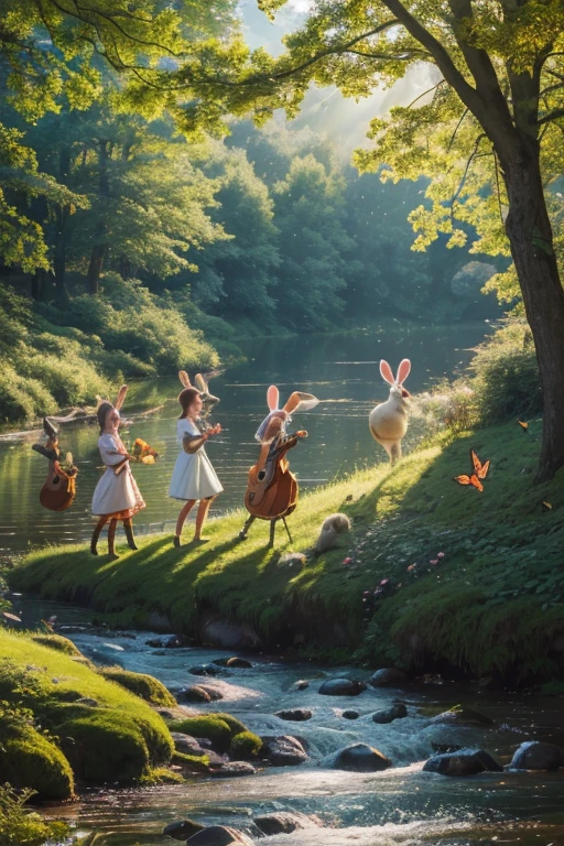 (best quality,4k,8k,highres,masterpiece:1.2),ultra-detailed,realistic:1.37,portrait,landscape,colorful,happy animals,wildlife orchestra,spring celebration,Easter forest concert,vibrant colors,playful atmosphere,natural lighting,joyful music,floral background,forest harmony,animal musicians,enthusiastic performances,wild creatures,energetic melody,rhythmic beats,peaceful environment,festive mood,woodland instruments,flying birds,flowing river,lively woodland creatures,tree canopy,green grass,dancing rabbits,hopping bunnies,sunlit clearing,butterflies fluttering,cheerful ambiance,harmonious collaboration,joyful chirping birds,gentle breeze,positive energy,musical harmony,joyful composition,sweet melodies,celebratory atmosphere