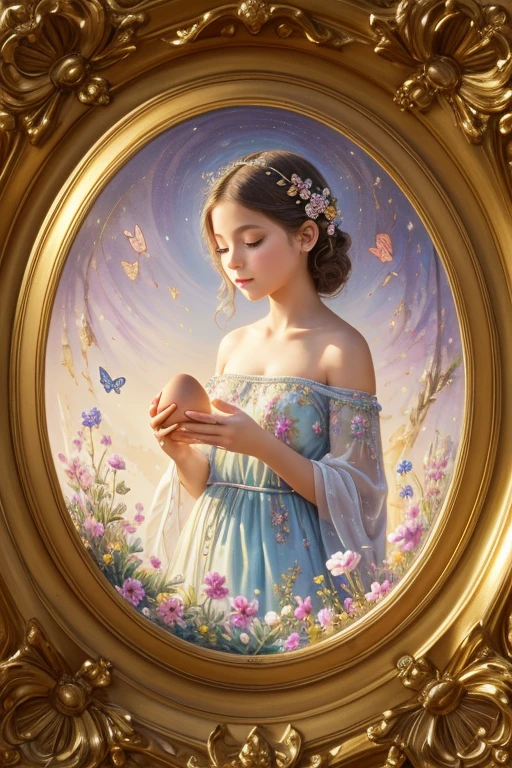 (best quality,4k,8k,highres,masterpiece:1.2),vibrant colors,egg-shaped,oil painting,pastel colors,hidden treasure inside,a girl admiring the egg,floral patterns,cracked surface,sparkling gems,delicate textures,glowing golden light,enchanted garden,marble pedestal,ornate details,symbolic elements,butterflies swirling around,the egg emitting a soft glow,impeccable shading,detailed brushstrokes,rich texture,ethereal atmosphere,the girl's awe-inspired expression,whimsical atmosphere,pearlescent finish,hints of gold and silver,shadows and highlights enhancing the dimensions,meticulous attention to detail,dreamlike setting,soft pastel background,vivid floral motifs,subtle gradients,light reflections on the surface,imagination running wild,breathtaking composition,meticulously painted flowers blooming around the egg,emphasis on intricate patterns.