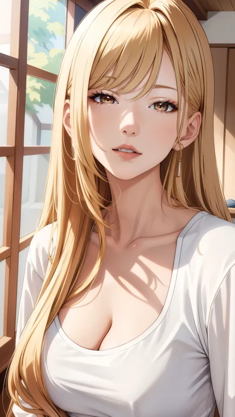 (best quality, highres:1.27), cool adult woman, elegant, older sister type, onee san type, long hair, (swept-side bang:1.27), [[[brown hair]]], blonde hair, white t-clothes, cleavage, brown eyes, inside house, detailed facial features, vibrant colors, clos...