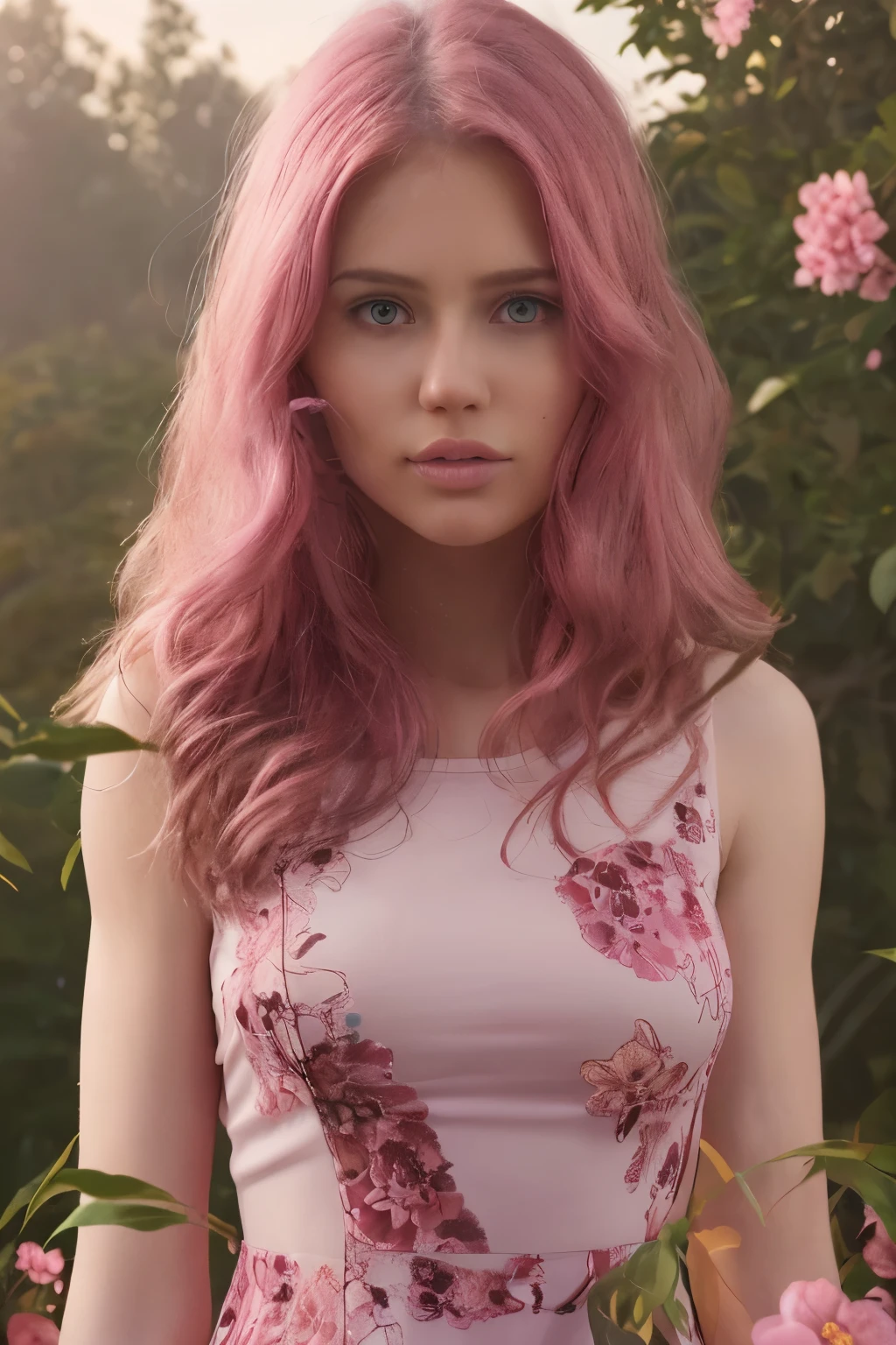 girl in the forest, (best quality, 4K, High definition, masterpiece: 1.2), ultra-detailed, (realistic: 1.37), illustration, beautiful detailed face, long hair, light eyes, pink lips, in a flowing dress, standing in the beam sunlight surrounded by trees and flowers, Calm and peaceful atmosphere, soft and warm color palette, Magical lighting effects