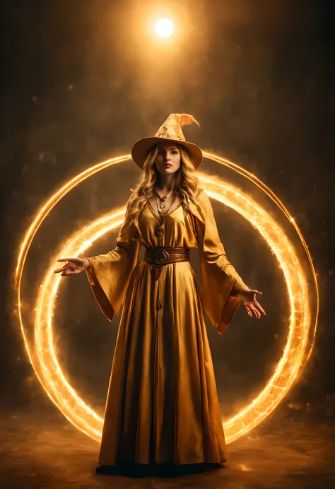 woman dressed as mage&#39;s&#39;s costume stands on top of a magic circle emitting golden light..，The light effect is obvious，Complex magic arrays，Authentic style，feels