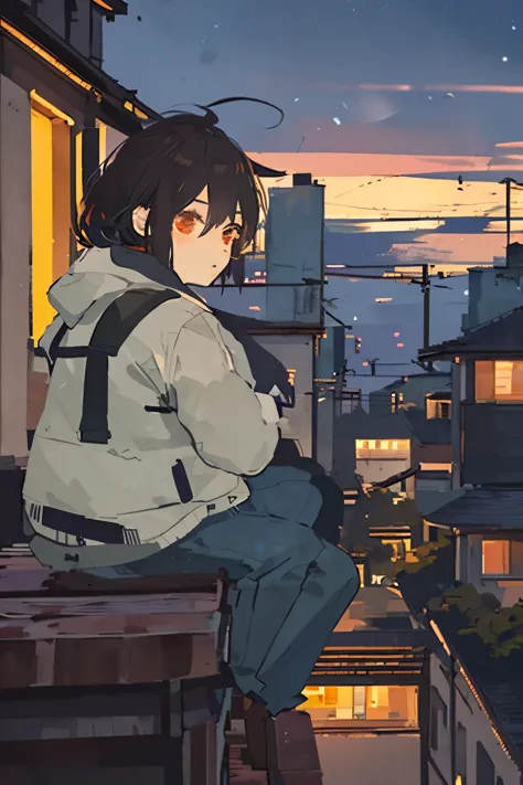 An urban scene at dusk, depicted in the manga or anime style