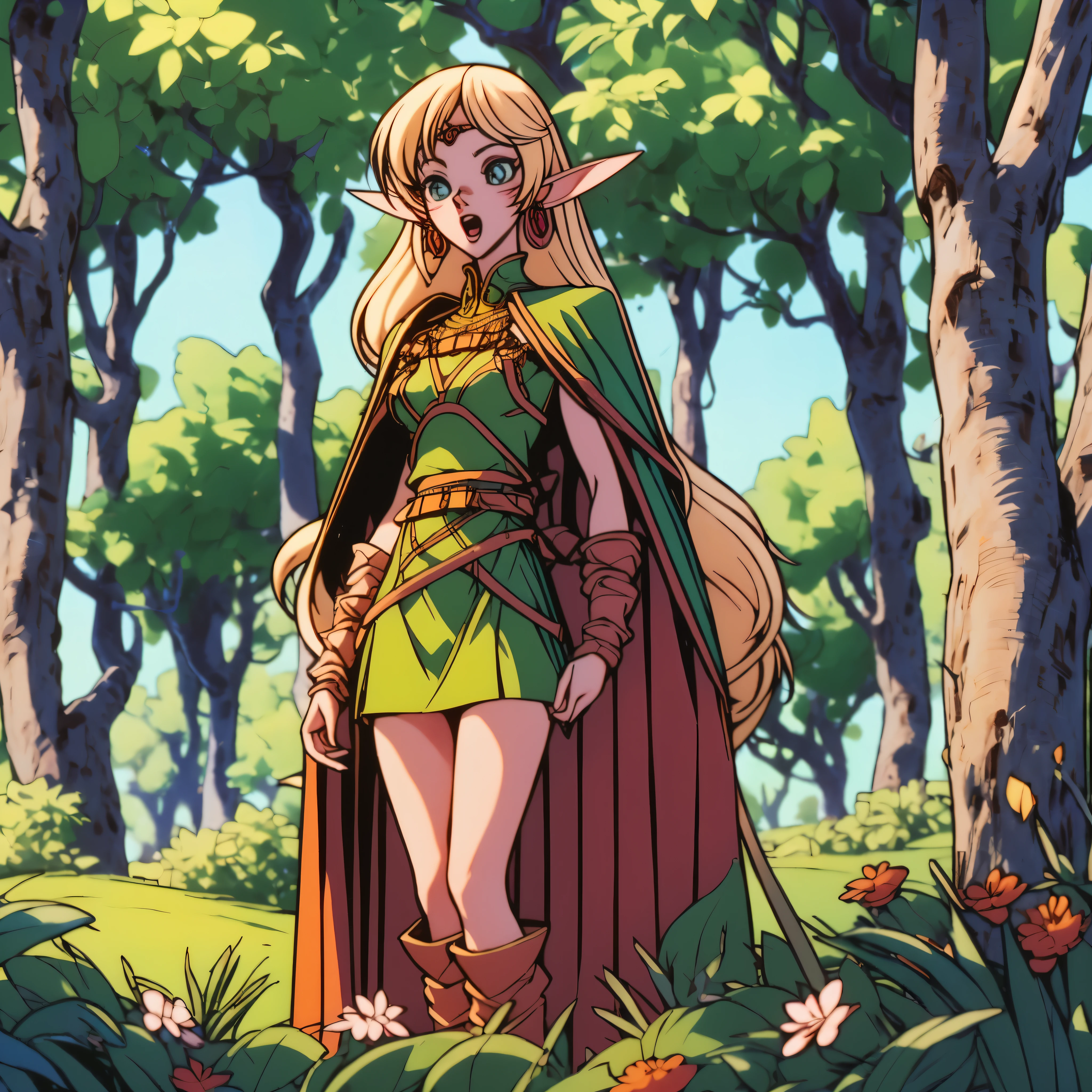 (extremely detailed fine touch:1.2), (natural light, sun light, light rays, dappled light, ray tracing:1.2), mature female , masterpiece, best quality, highly quality , ANI_CLASSIC_deedlit_ownwaifu, www.ownwaifu.com, pointy ears, blonde hair, long hair, elf, circlet, green eyes, long pointy ears, very long hair, breasts, medium breasts, earrings, lips, makeup, bangs, cape, armor, blue cape, shoulder armor, pauldrons, gloves, breastplate, belt, green dress, short dress, looking at viewer, blush, open mouth, standing, (Masterpiece, extremely detailed CG, sharp line),deedlit, offcial art, Colorful, Beautiful Japanese anime style，Extremely detailed eyes and face，Sharp pupils，realistic pupil，In the woods、cabellos largos dorados，ears of elf，Black lace panties，Slender thighs, varies multi etc. --v 6 --s 1000 --c 20 --q 20 --chaos 100