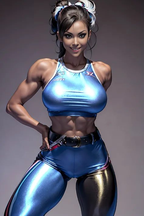 Arafe woman solo with ponytail hair、Fighting Game Fighter、Fitness Model、Big breasts about to burst、No exposed skin、Metallic Ligh...