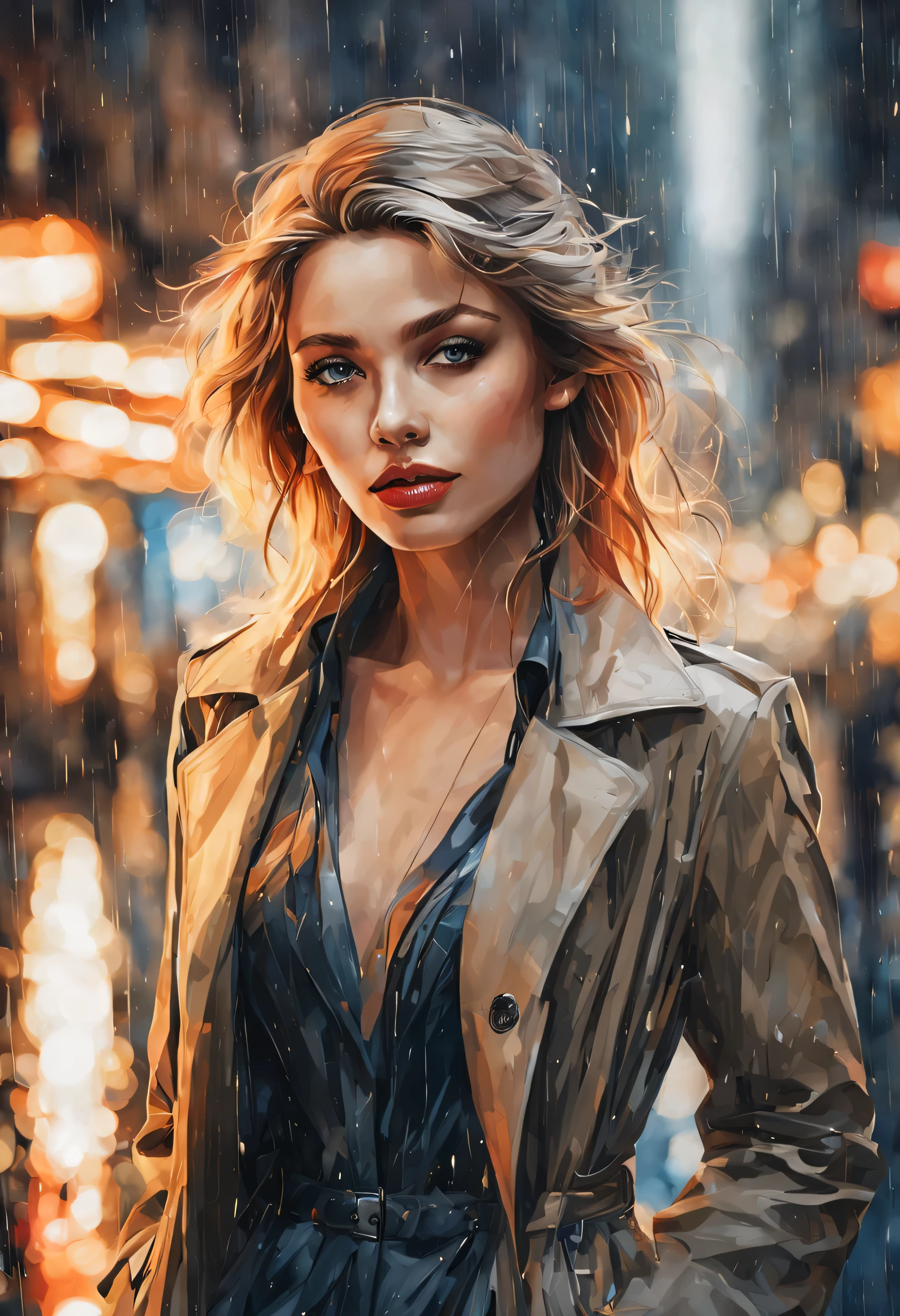 (Best quality,a high resolution,masterpiece:1.2),ultra detailed,Realistic,photoRealistic:1.37,city rain,beautiful elegant woman walking around the city, Detailed eyes,detailed lips, Detailed face, long eyelashes, Elegant appearance, confident and calm, wear a stylish coat, Walking gracefully, surrounded by modern buildings, wet streets reflect light, Vibrant cityscape, soft and cool color tone, gentle city lights, light raindrops falling from the sky, creating a calm and peaceful atmosphere