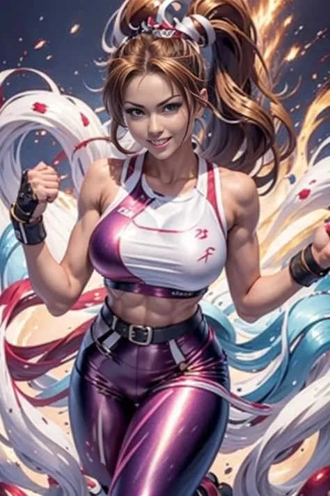 Arafe woman Mai Shiranui solo with ponytail hair、Fighting Game Fighter、Fitness Model、Big breasts about to burst、No exposed skin、...