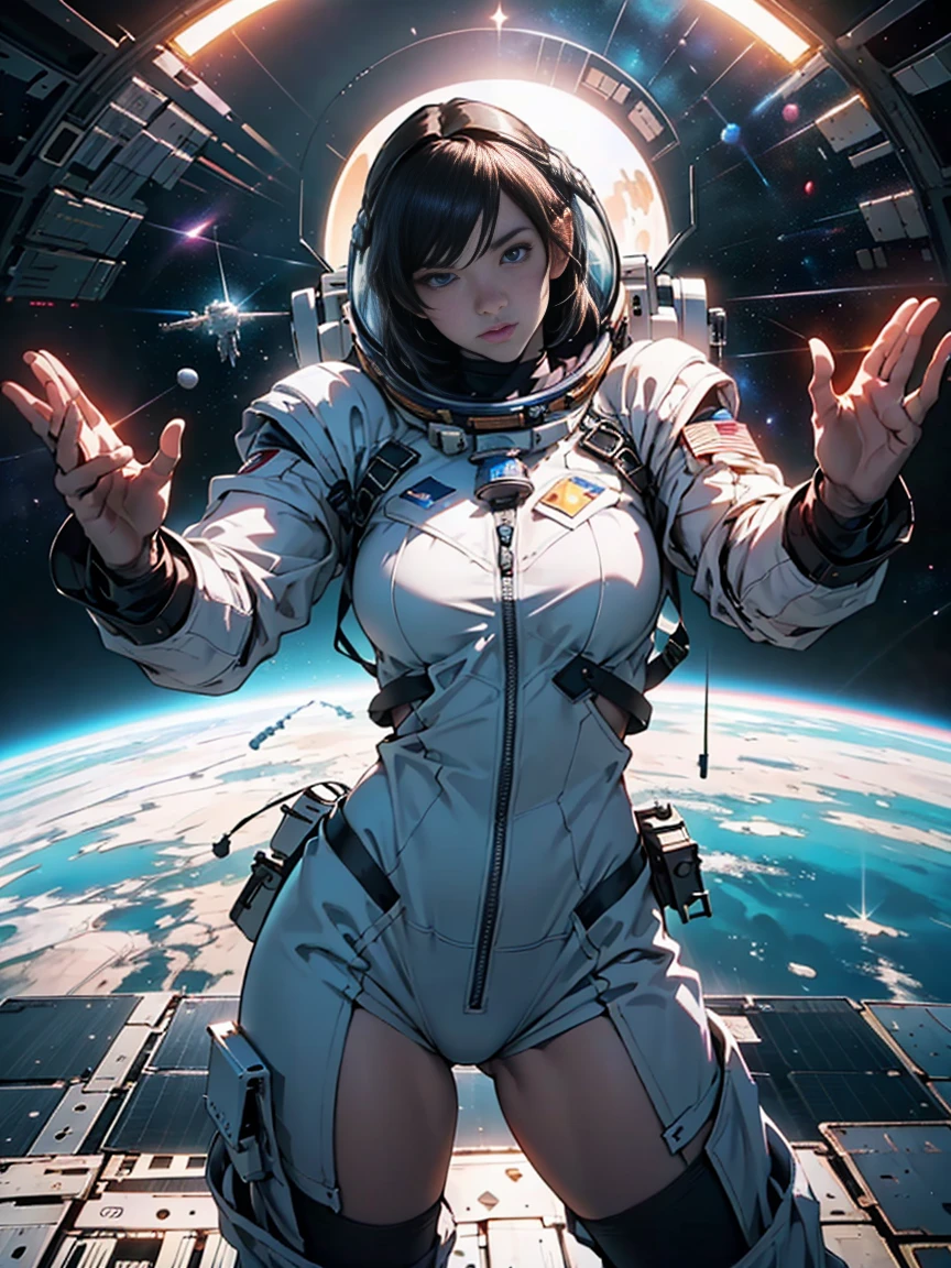 (best quality,4k,8k,highres,masterpiece:1.2),ultra-detailed,(realistic,photorealistic,photo-realistic:1.37),futuristic , ,(Human female armor）Naval space combat suit aircraft ,Simple glass helmet，,(space backdrop，Dynamic stance，Beckoning to the camera:1.5)， with clean lines，Compact，Slim overall，Conforms to the curve of a person，deep colour，There are biological ribs，There are glowing veins on the surface. A futuristic，Jet steam waves，Huge cosmic environment，EVA on the back is a mixture of carapaces, Technology, and electronics. Dramatic, Best quality, Real, Super detailed, 8K, Intricate elegance， fanciful， A detailed， Designed by Greg Rutkowski and Alphonse Mucha， Gradient lighting，