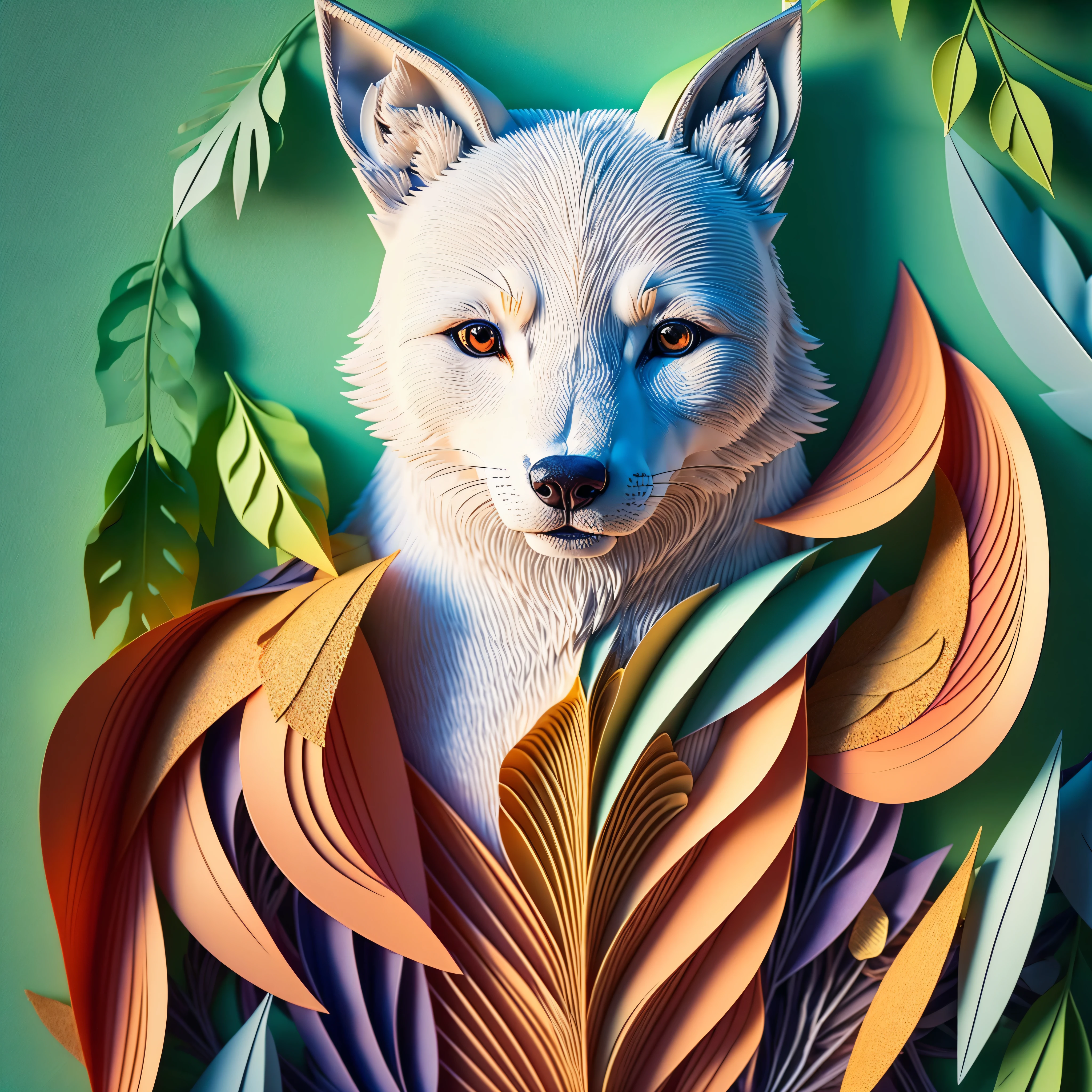 Paper_cut wolf, multi dimensional quilling paper, art, chibi, yang08k, colorful, Masterpieces, top quality, best quality, official art, beautiful and aesthetic,((ultra realistic)) (cachorro akita , perfil ),(melhor pose),(best angle), (better expression), Eduardo Kobra acolchoamento ,multidimensional geometric wall PORTRAIT, arte, Chibi, lindo, Colouring, Primary works, qualidade superior, melhor qualidade, Arte Oficial, pelos coloridos, Paper_cut Natural and organic depictions of vast landscapes，Sky and steppe，ikebana，Clouds，extremely windy，Features earth tones and botanical motifs，Withdraw connections to nature and the environment，Influenced by botanical illustrations or environmental art，softlight,(warm color:1.15),epic best quality exquisite details,3D rendering，maple leaf，Yellow chestnut leaves, Epic Masterpiece ultra UnrealEngine5 deep path equirectangular_360 global luminescence saturate dynamic volumetric Cinematic_Sunlight lightning_contrast perfect composition meticulously intricate ultra_high-details ultra_high-quality max ultra_high-def ultra_photo-realistic optimal ultra_high-res cgi vfx sfx accurate reflex vivid color-coded improved Octane-rendered UHD XT3 DSLR HDR romm rgb pbr 3dcg fxaa blay enhanced fkaa txaa rtx ssao opengl-shader glsl-shader post-processing post-production cell-shading tone-mapping shadow analogique ultra_sharpness focus symmetrical varied multi etc. --v 6 --s 1000 --c 20 --q 20 --chaos 100