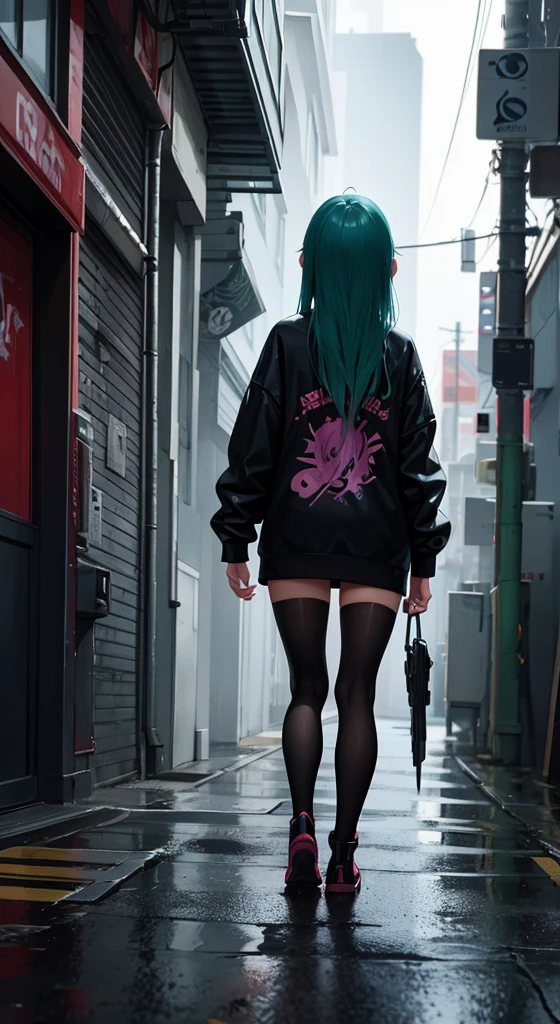 Character facing away looking back over shoulder, back facing viewer, female, girl, 14 year old, blue green hair, purple eyes, long hair, calm. anatomically correct, full body image, beautiful body, torn clothing, alleyway background with neon red graffiti, heavy rainfall, soaking wet clothing and hair, utopian city, cyberpunk aesthetic, Minimalism, Expressionism, anime style, drop shadow, film grain, vignetting, silhouette, 1080P