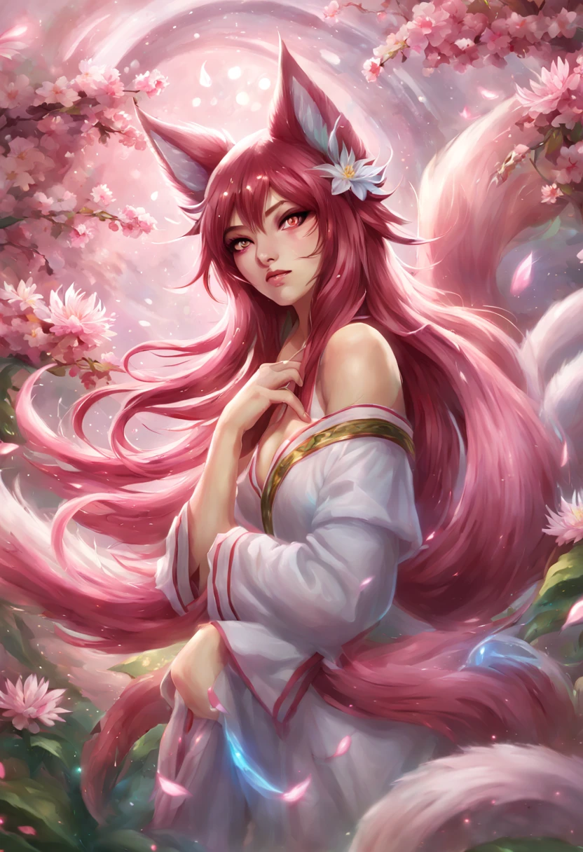 Ahri, flor de duende, rodeado de flores etéreas 