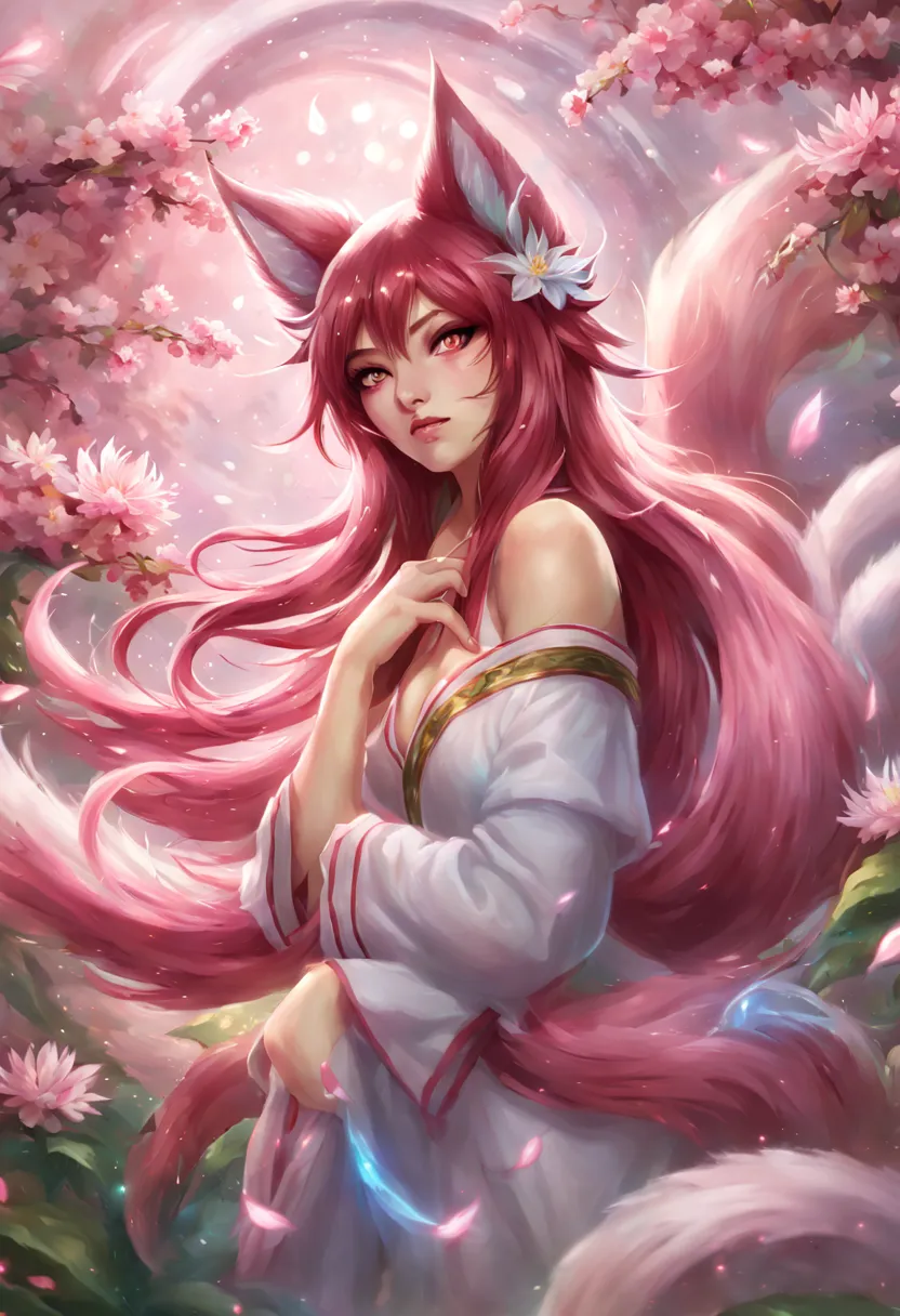Ahri, spririt blossom, surrounded by ethereal flowers 